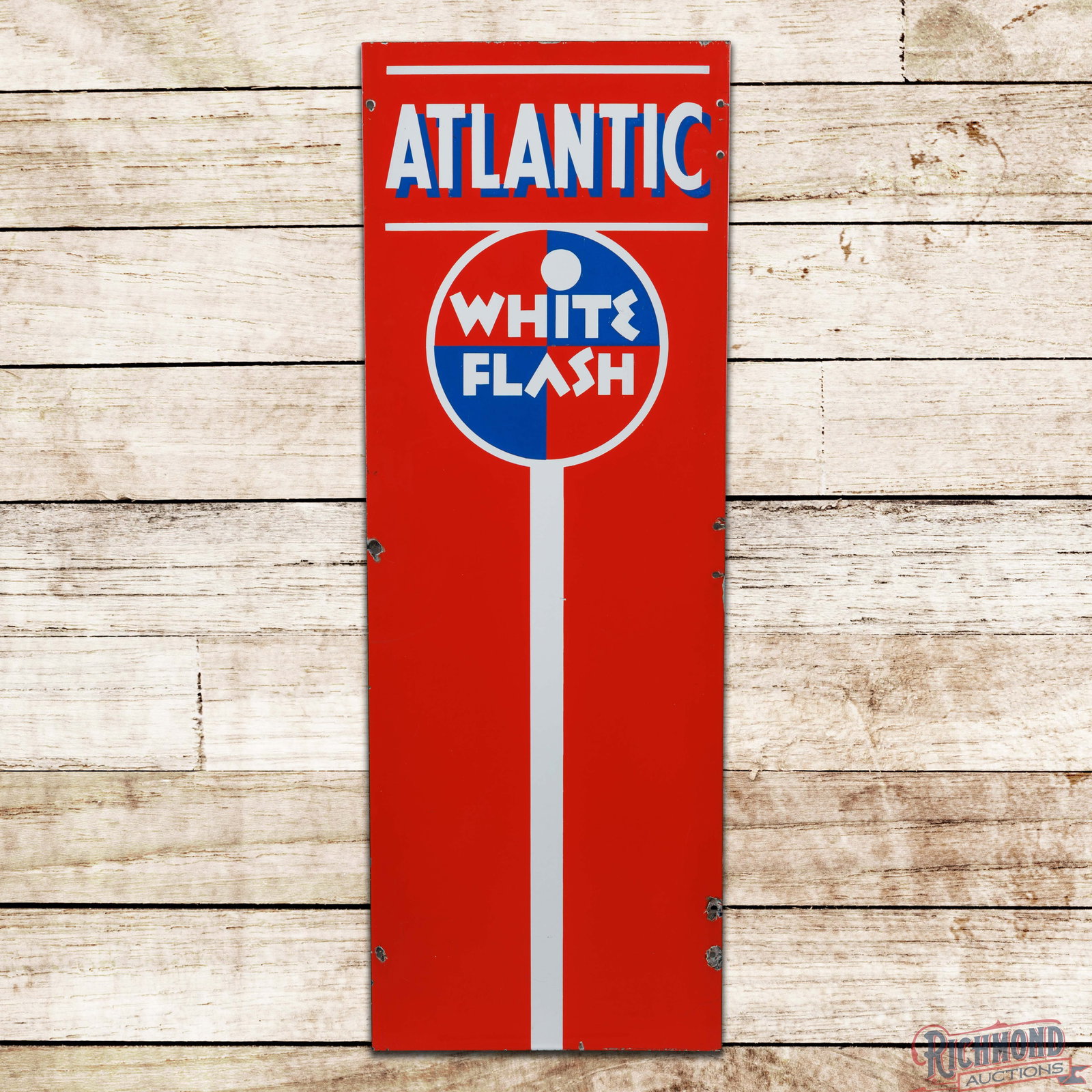 Atlantic White Flash Gasoline Single Sided Porcelain Pump Plate Sign "Large": SSP (single sided porcelain) sign has excellent color and gloss. The field is very clean overall with a tiny chip on the white vertical line below the logo. The perimeter has chips at the mounting hol