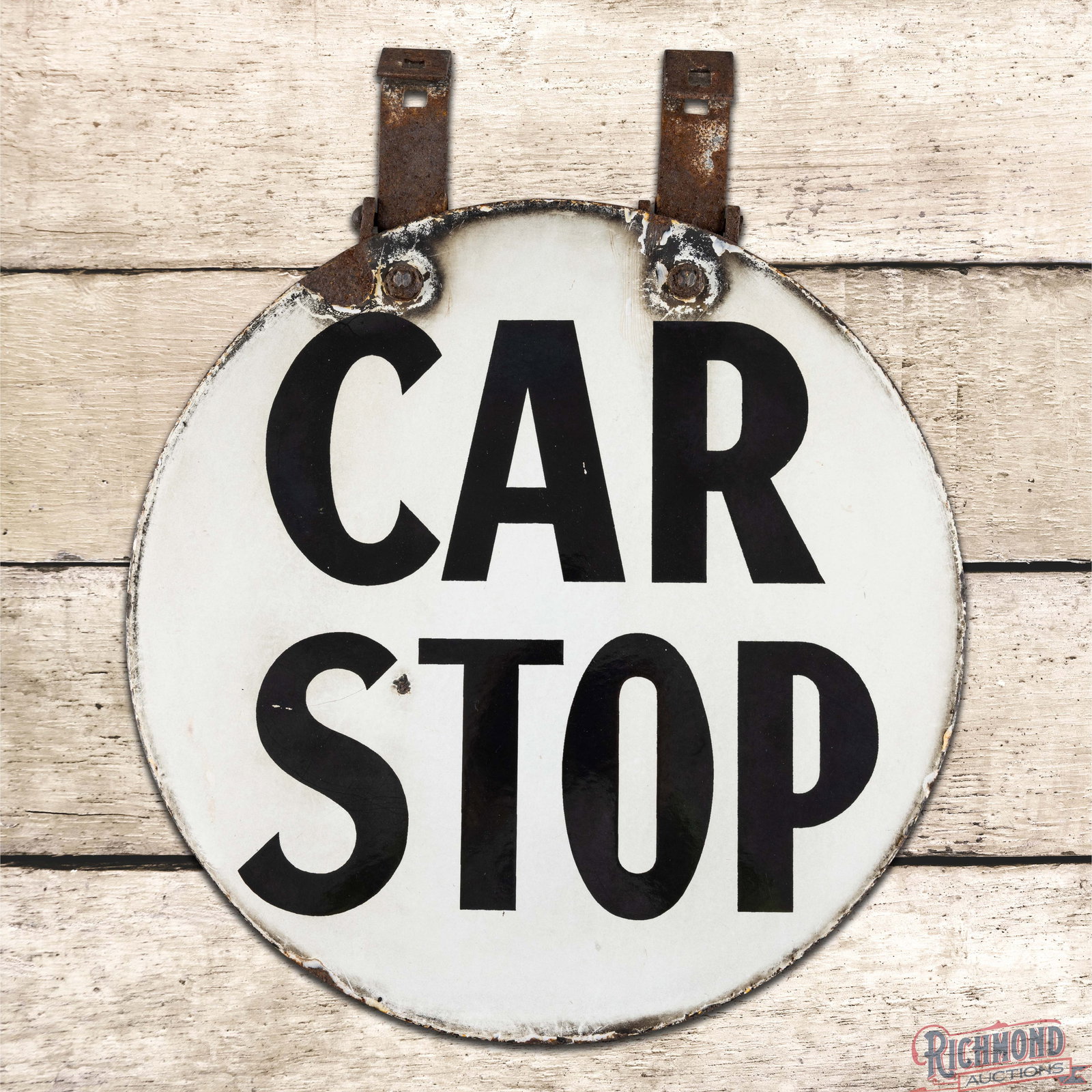 Car Stop 14.5" Double Sided Porcelain Trolley Sign w/ Hangers (1 of 3)