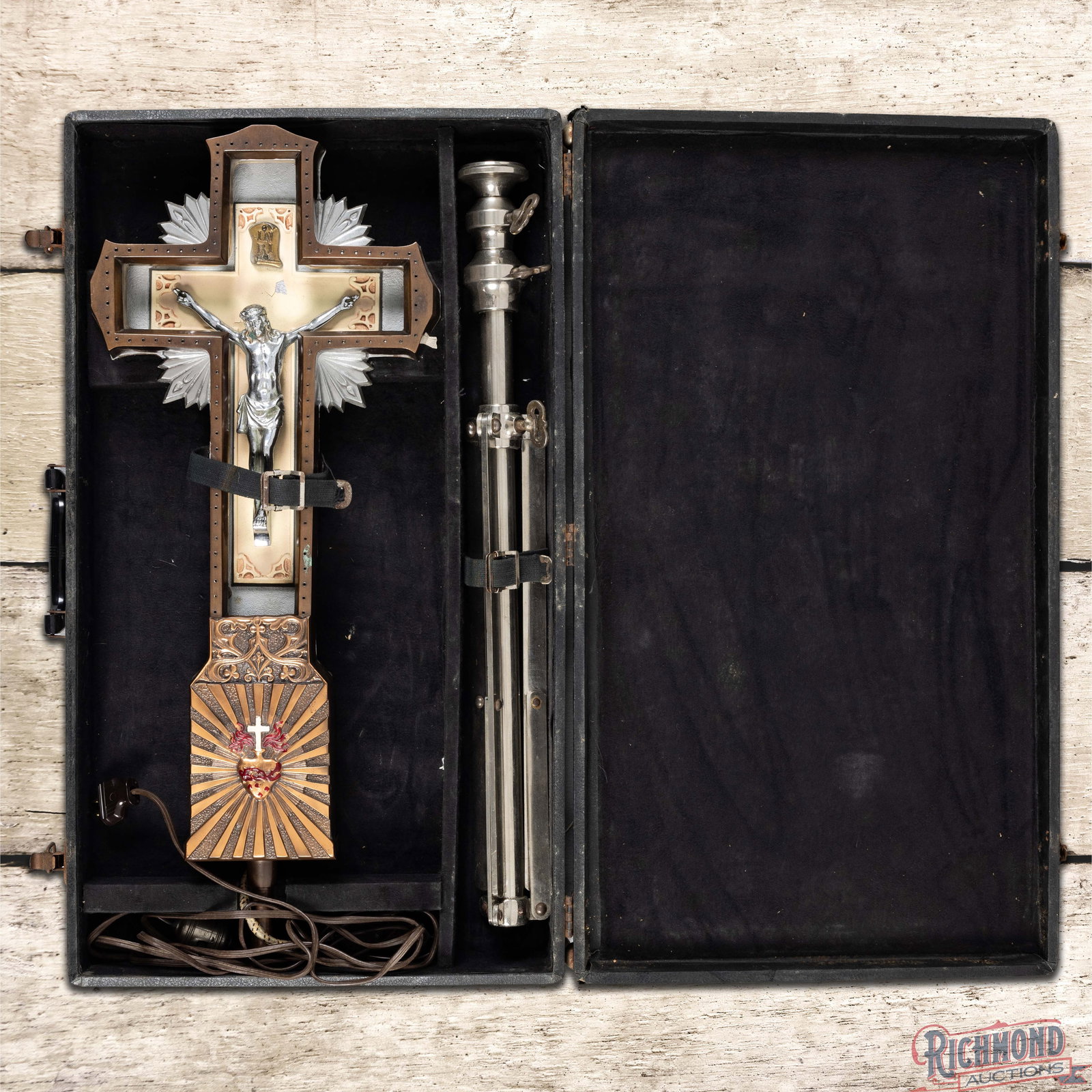 Blue Neon Crucifix Cross w/ Jesus & Orig. Case: Three-dimensional metal cross with blue neon works as it should. The inner cross with Jesus figurine has small chips, cracks and minor loss in the upper field. The metal surround has minor wear with e