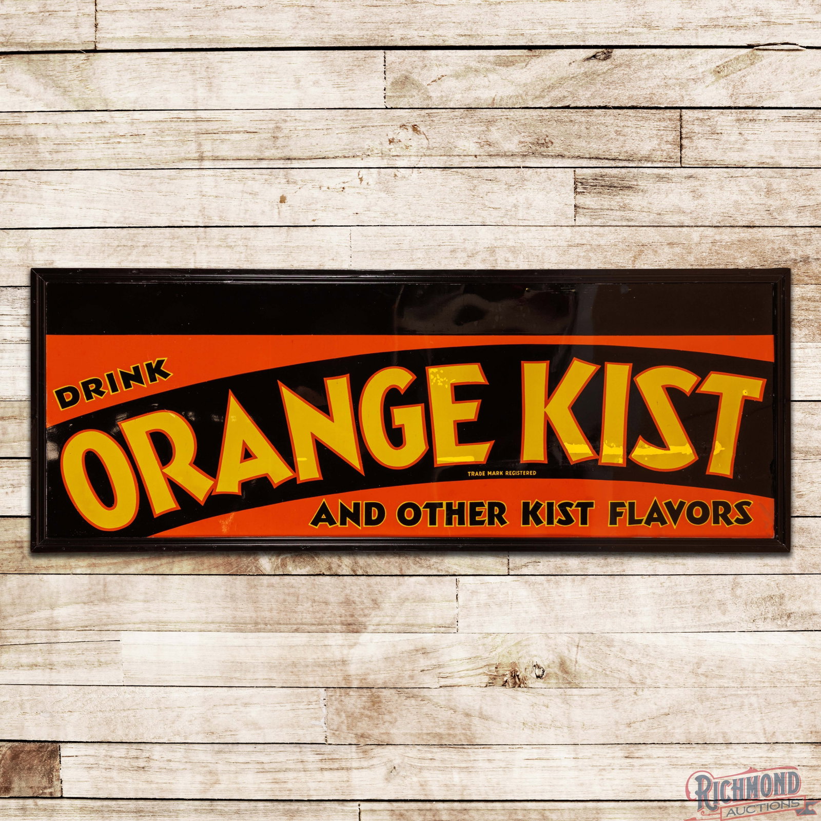 Drink Orange Kist and Other Kist Flavors 8' Single Sided Tin Sign w/ Wooden Frame: SST (single sided tin) sign has excellent color and shine. The sign was found NOS (new old stock) with areas of storage wear. The display has areas of color match in the fields with non-factory holes,