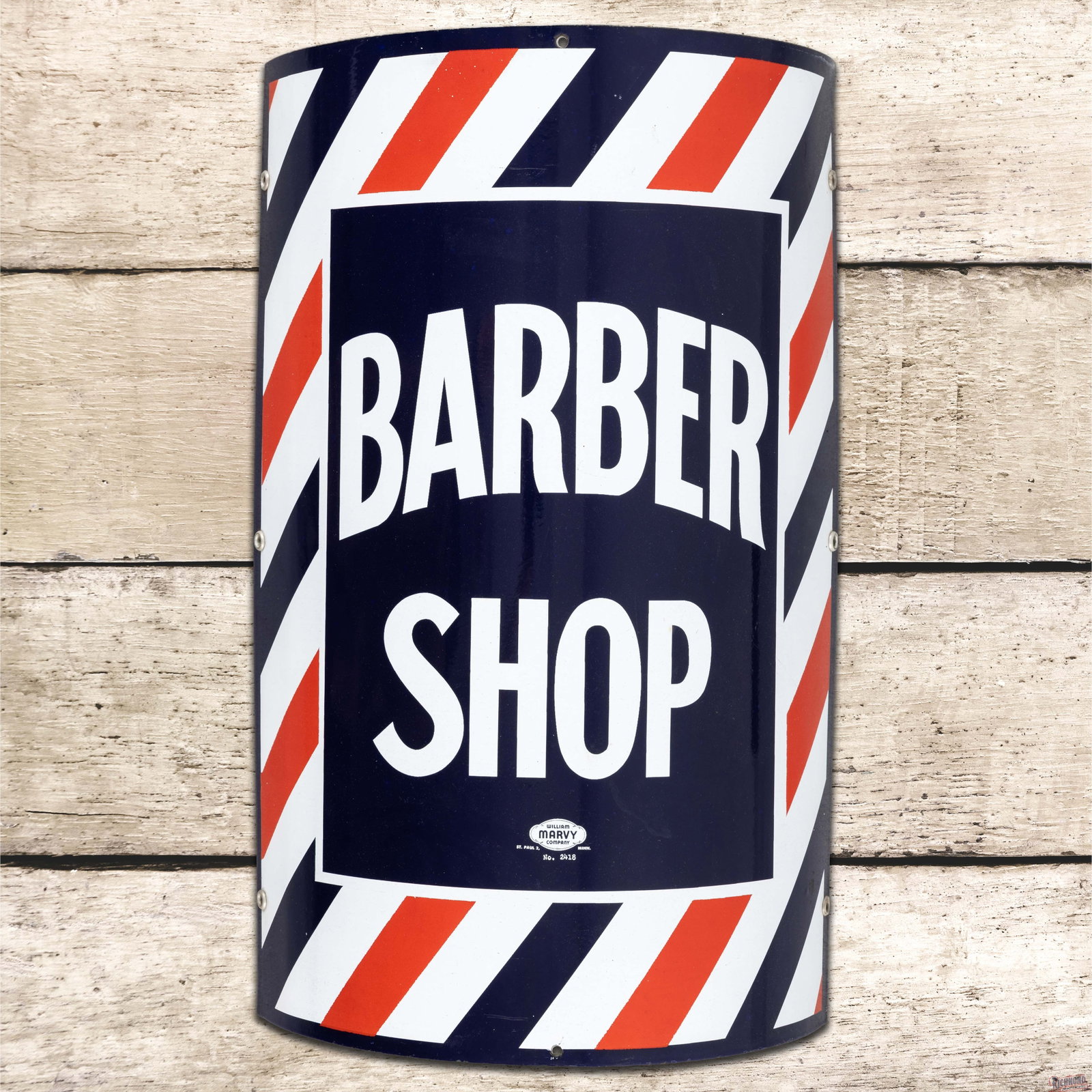 Marvy Barber Shop Curved 24" Single Sided Porcelain Sign: SSP (single sided porcelain) curved sign has excellent color and gloss. The field is exceptionally clean with minor surface imperfections. The perimeter has tiny flea bites along the outer edges. Six 