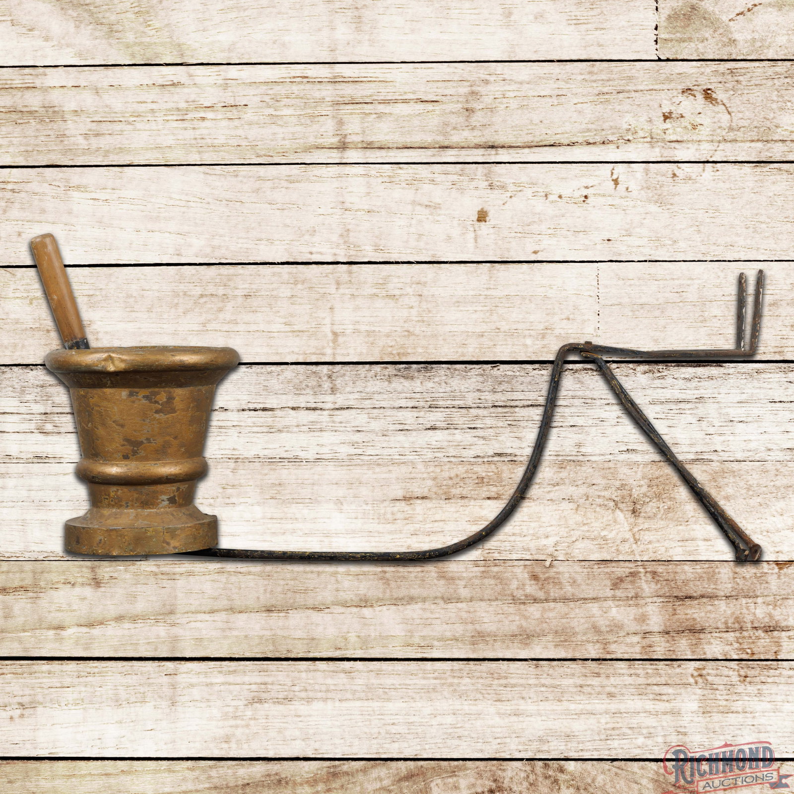 Mortar & Pestle Apothecary 3D Trade Sign w/ Bracket: Early figural three-dimensional trade sign constructed of hollow copper with a metal frame, a wooden pestle and a metal mounting bracket. The mortar exhibits general age-related wear with indentations