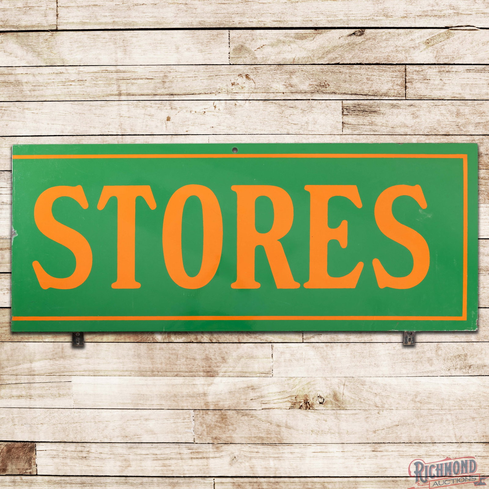 District Grocery Stores 15' Single Sided Porcelain Sign: SSP (single sided porcelain) three piece rolled edge sign has excellent color and gloss. The sign features unique orange and green porcelain enamel colors. The fields are very clean overall with marks