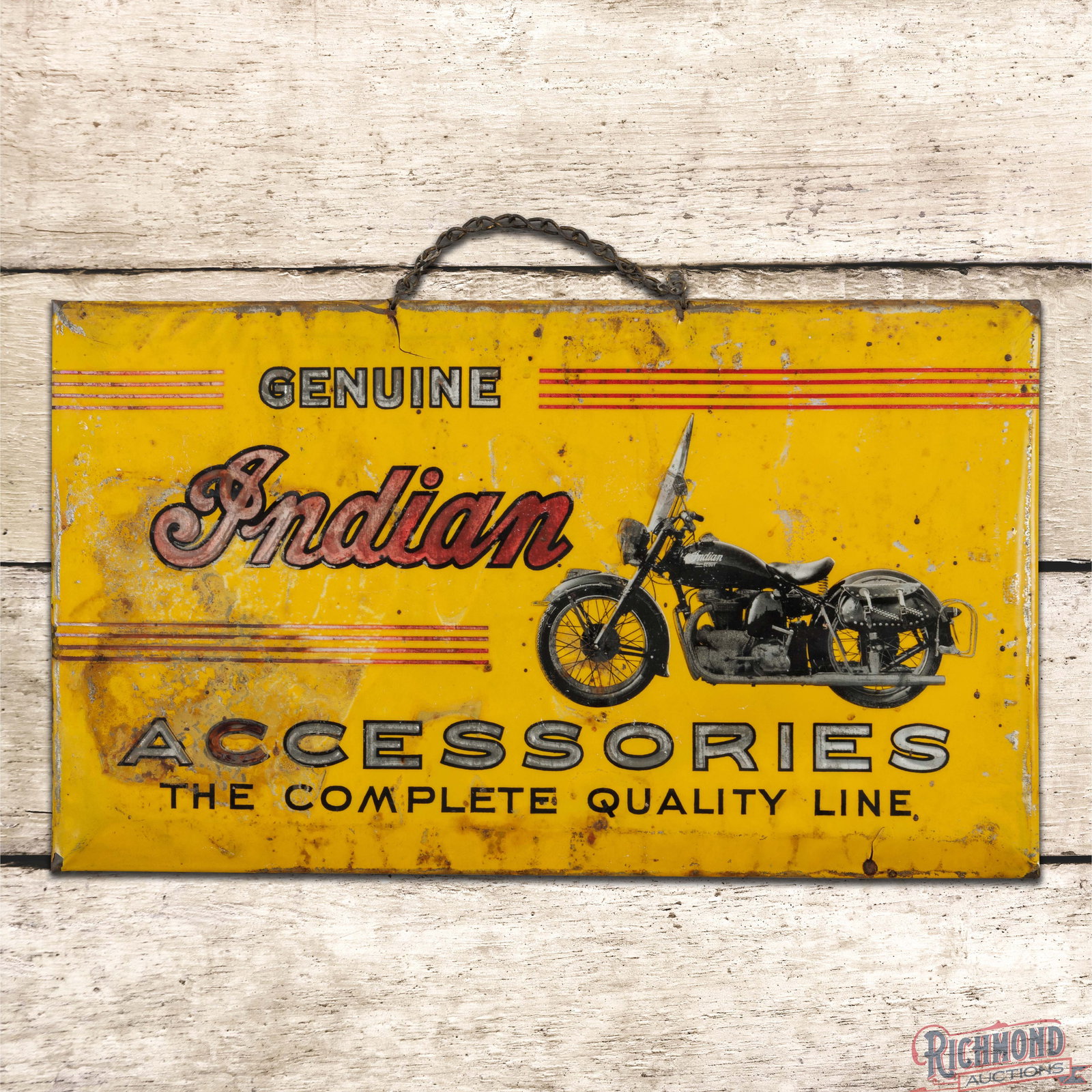 Indian Motorcycles Genuine Accessories Celluloid Advertising Display Sign: Single sided celluloid over tin sign with cardboard reverse has good color. The display exhibits general wear with paint loss, discoloration and surface wrinkles. The perimeter has similar wear. The r