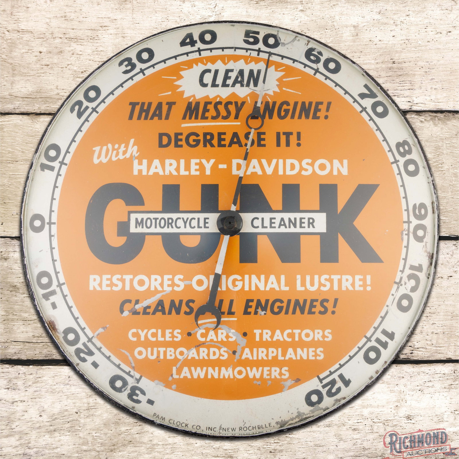Harley Davidson Gunk Motorcycle Cleaner 12" Pam Advertising Thermometer: Pam advertising thermometer has good color and shine. The thermometer appears to read less than the actual temperature and the hand has areas of paint loss. The inner face has bends with paint chips i