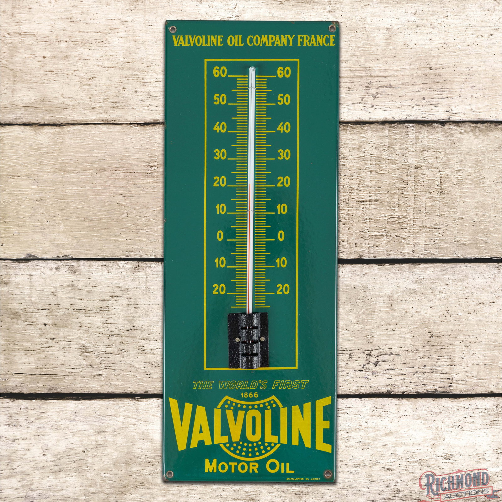 Valvoline Motor Oil Company "The World's First 1866" Single Sided Porcelain Thermometer w/ Logo: SSP (single sided porcelain) rolled-edge thermometer has excellent color and gloss. The tube is intact. The fields are clean and the perimeter has small chips along the outer edges. All four factory g