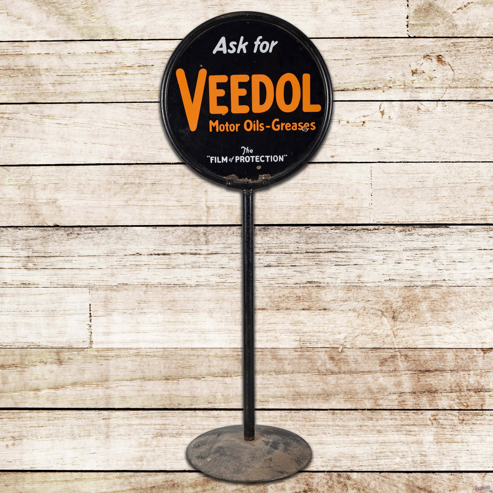 Ask for Veedol Motor Oils & Greases "The Film of Protection" 24" Double Sided Porcelain Curb Sign: DSP (double sided porcelain) curb sign with ring, pole and aftermarket base has very good color and gloss. Side #1 has light wear with eraser-sized chips in the fields and larger chips in the outer fi