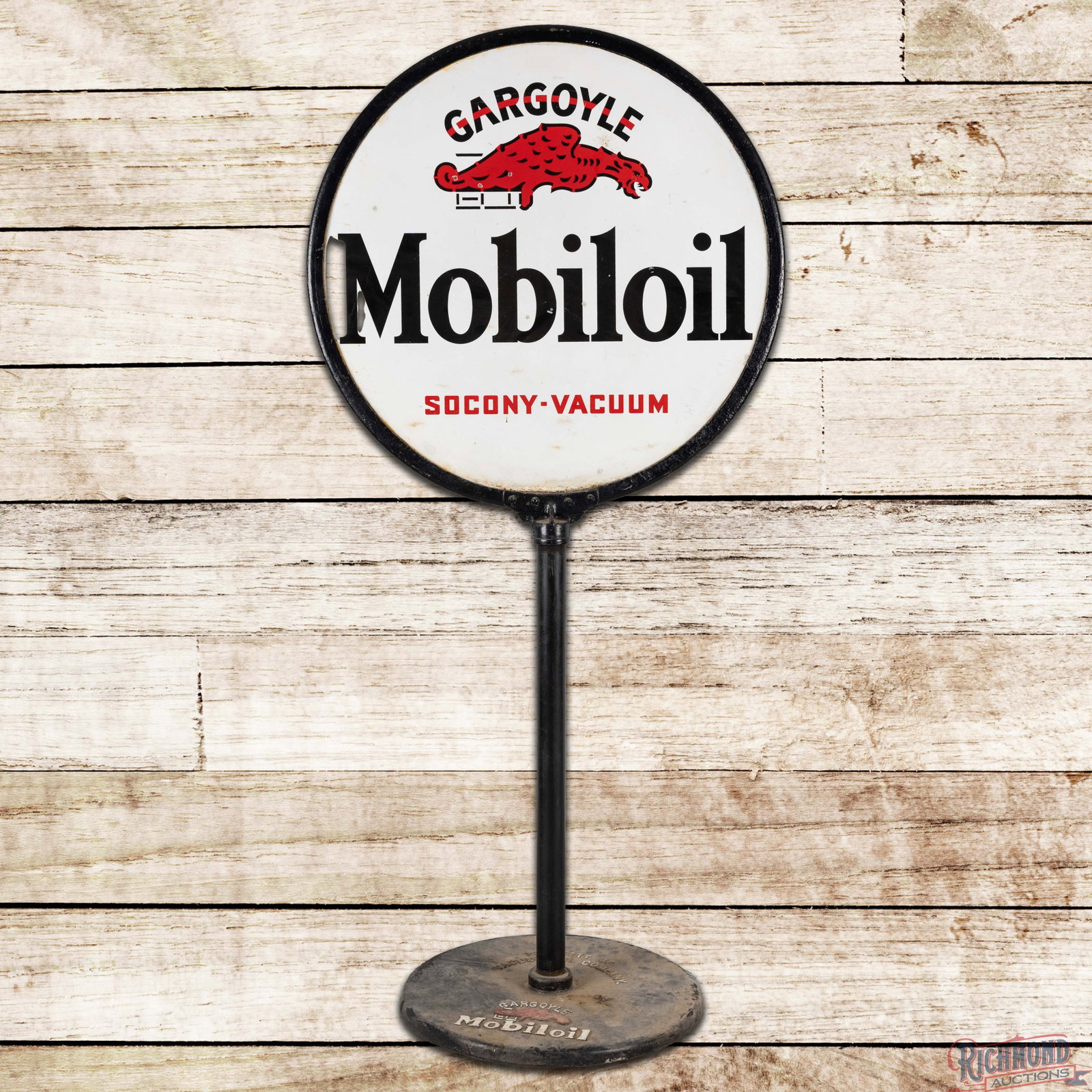 Gargoyle Mobiloil Socony-Vacuum 30" Double Sided Porcelain Curb Sign w/ Base (1 of 3)