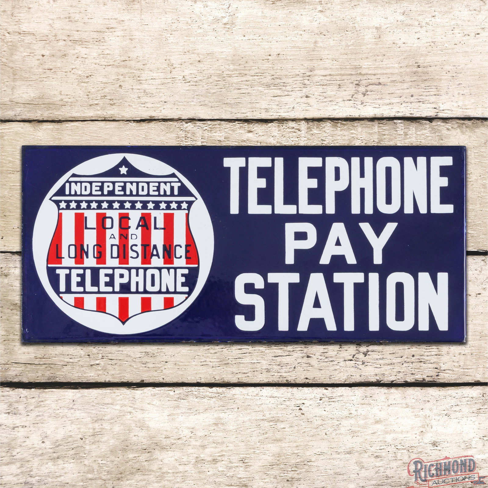 Independent Local Long Distance Telephone Pay Station Double Sided Porcelain Flange Sign: DSP (double sided porcelain) flange has excellent color and gloss. Side #1 has a clean field with tiny chips along the outer edges. The reverse is in a similar condition with a few tiny nicks in the l