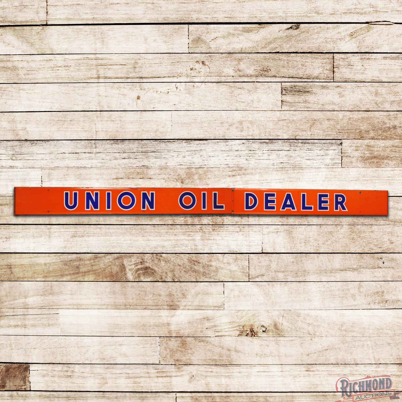 Union Oil Dealer 13' Single Sided Porcelain Service Station Sign: SSP (single sided porcelain) two-piece rolled edge sign has very good color and gloss. The field has light wear throughout with areas of slight discoloration to the white porcelain enamel, wear in the