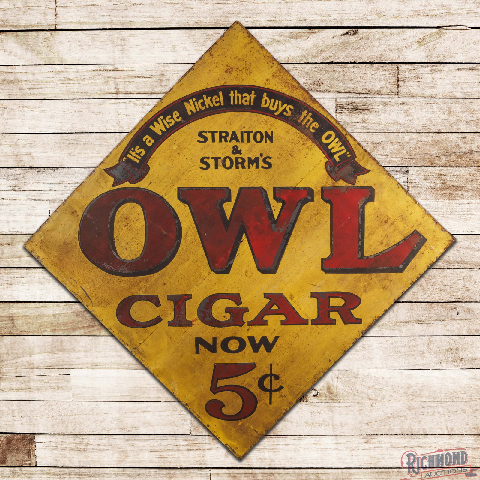 Owl Cigar Now 5 Cents "It's a Wise Nickel that buys the Owl" 80" Single Sided Tin Sign (1 of 3)