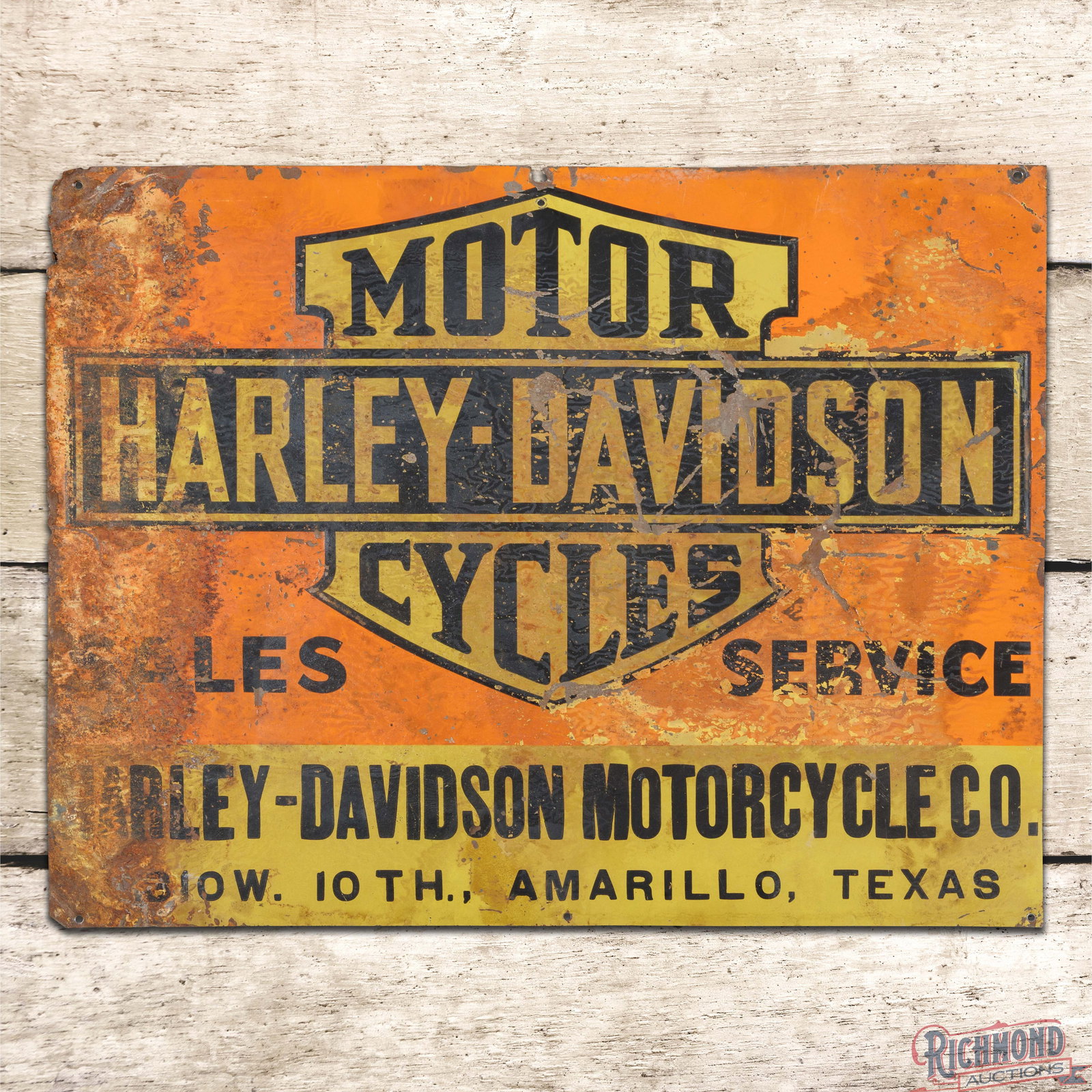 Harley Davidson Motor Cycles Sales Service Amarillo Texas Single Sided Tin Sign w/ Logo: SST (single sided tin) sign has good color and moderate shine. The sign has general age-related patina throughout with bends, paint loss and oxidation. The perimeter has minor metal along the outer ed