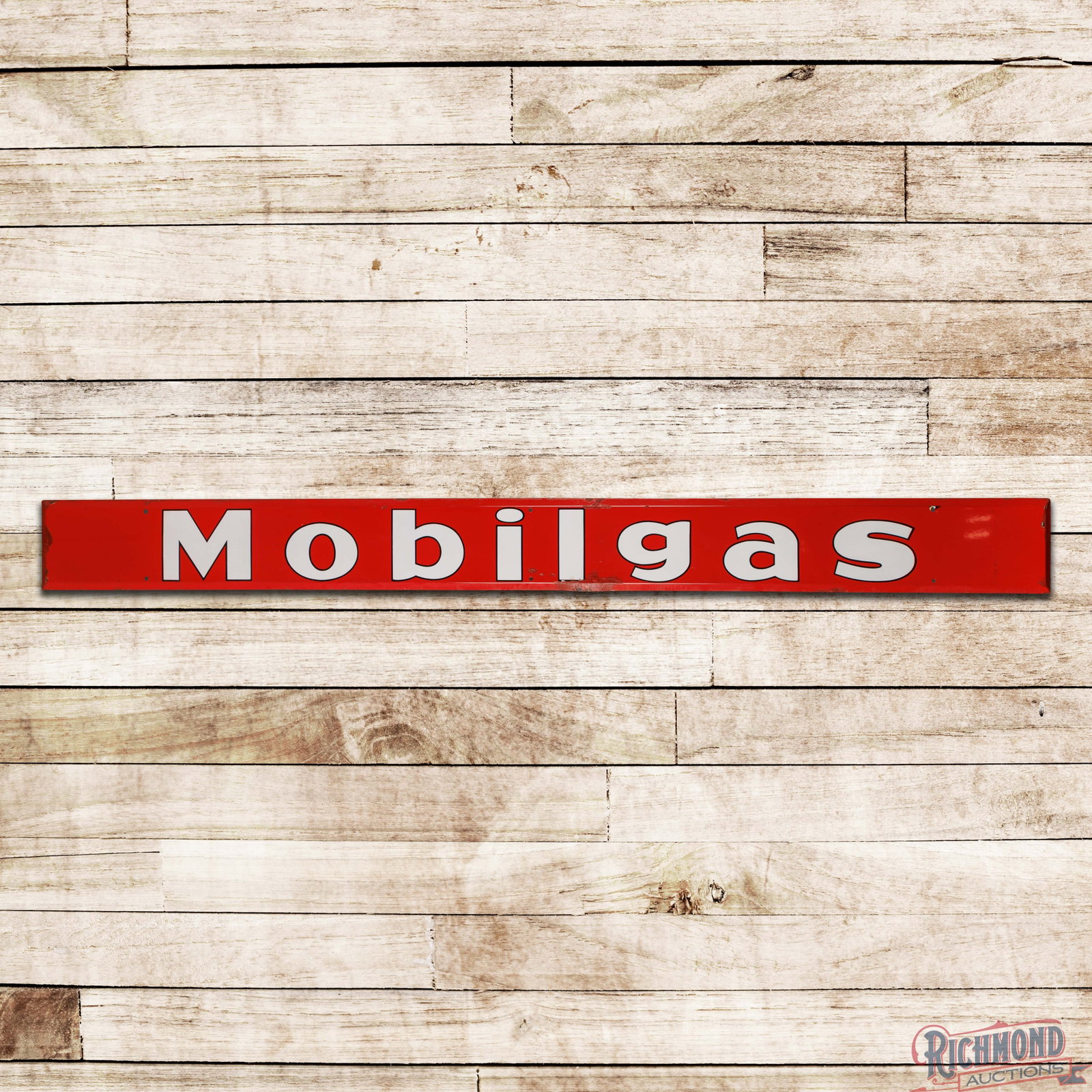 Mobilgas Service Station 9' Single Sided Porcelain Strip Sign: SSP (single sided porcelain) rolled edge sign has excellent color and gloss. The field has small chips at the "L" with other areas of light wear. The perimeter has minor bends with areas of color matc