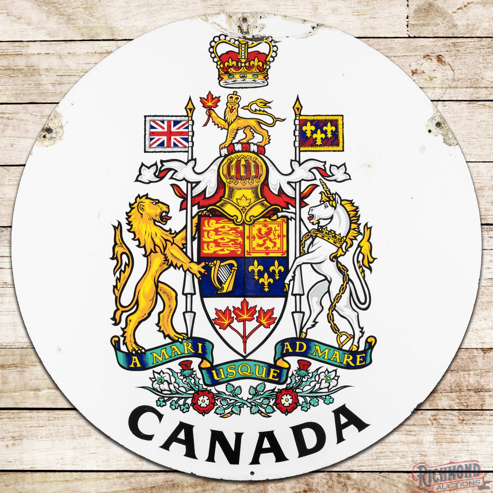 Canada Avenue of the Americas 36" Double Sided Porcelain Sign w/ Coat of Arms Logo: DSP (double sided porcelain) sign has excellent color and gloss. The sign features a large Canadian Coat of Arms shield in the center field on both sides. Side #1 has light wear with minor discolorati