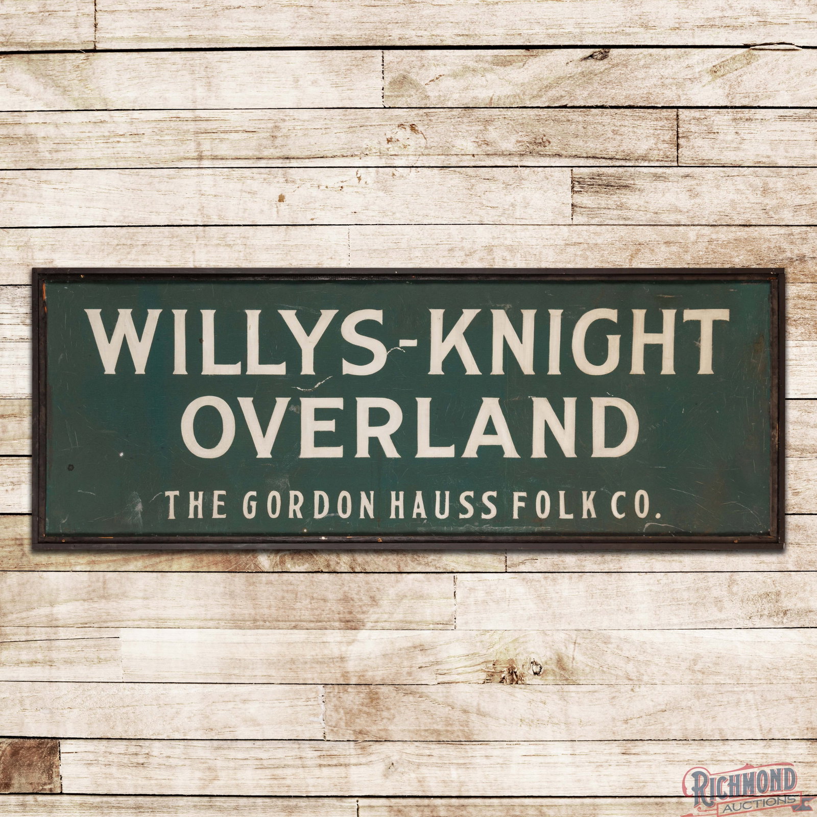 Willys Knight Overland "The Gordon Hauss Folk Co." 8' Single Sided Tin Smaltz Sign "Large": SST (single sided tin) smaltz painted sign with an added wooden frame has very good color and shine. The field has areas of age-related wear to the smaltz paint, scratches and a few tiny non-factory h