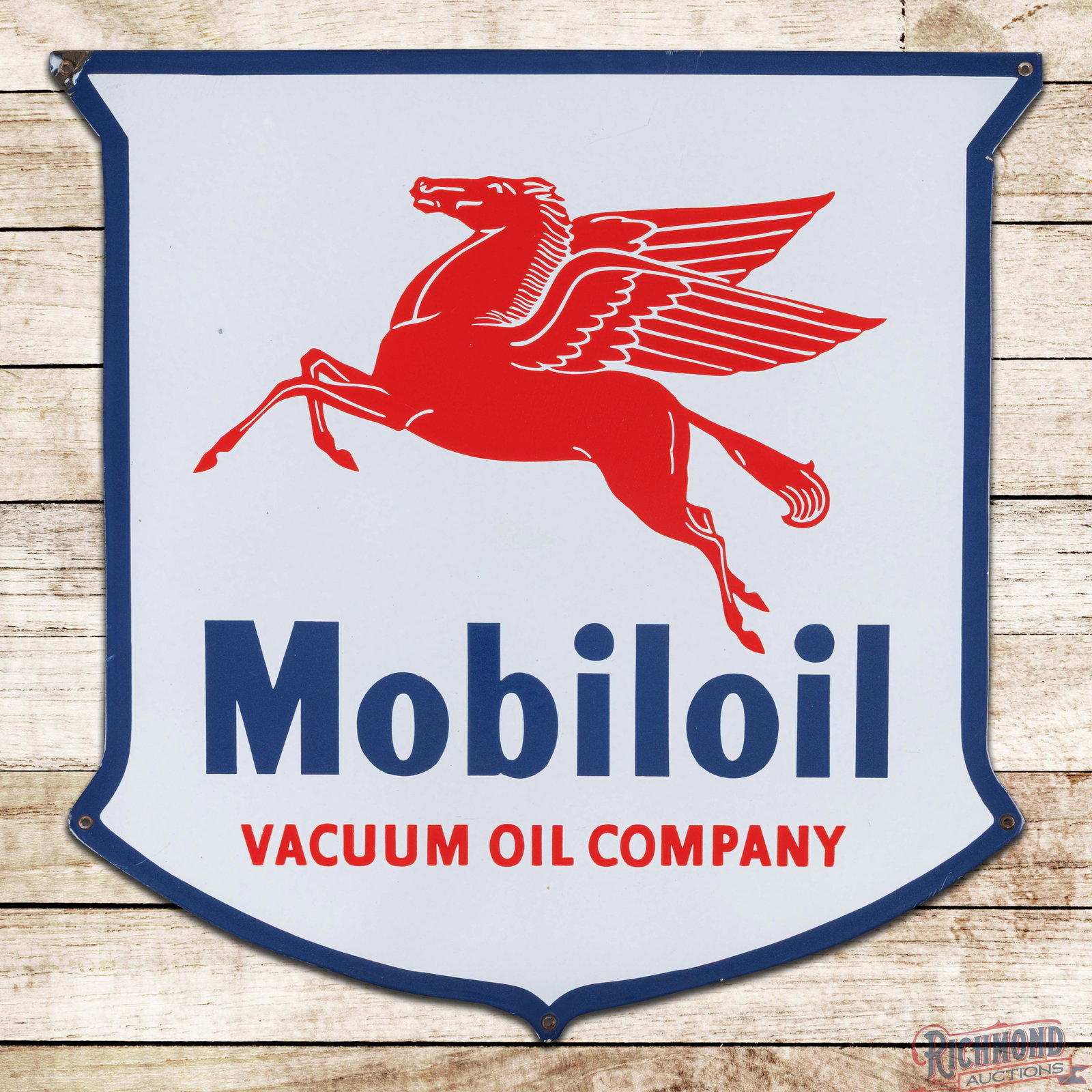 Mobiloil Socony Vacuum Oil Company 27" Single Sided Porcelain Sign w/ Pegasus: SSP (single sided porcelain) die cut sign has outstanding color and gloss. The fields are clean with minor surface imperfections and a few tiny flea bites in the outer fields. The perimeter has a chip