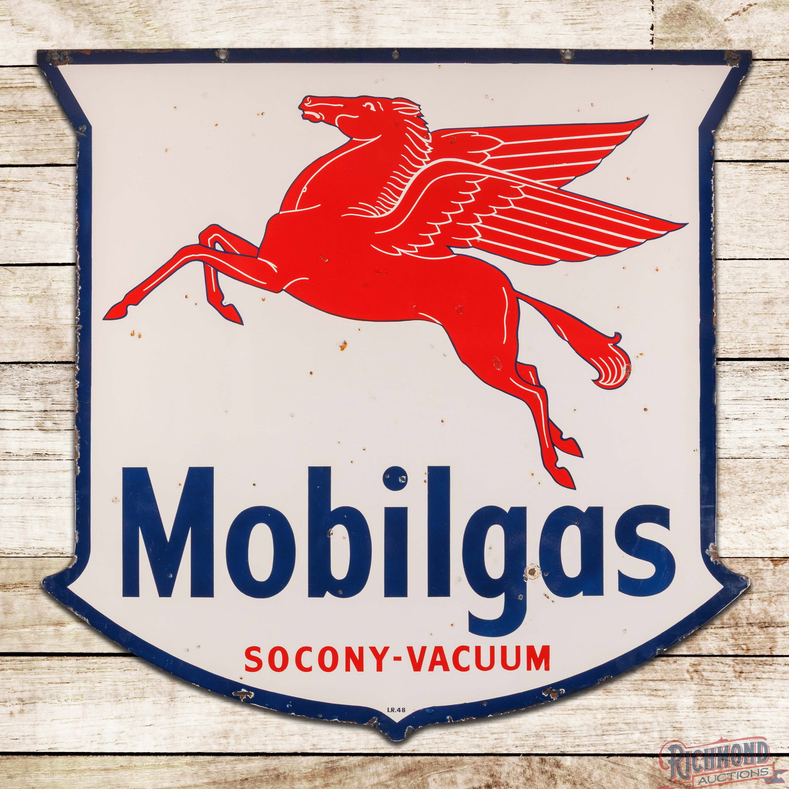 1948 Mobilgas Socony Vacuum 56" Double Sided Porcelain Sign w/ Pegasus: DSP (double sided porcelain) die cut sign has excellent color and gloss. Side #1 has color matched chips in the fields and perimeter. The reverse has additional chips in the fields. Marked I.R. 48. Ov