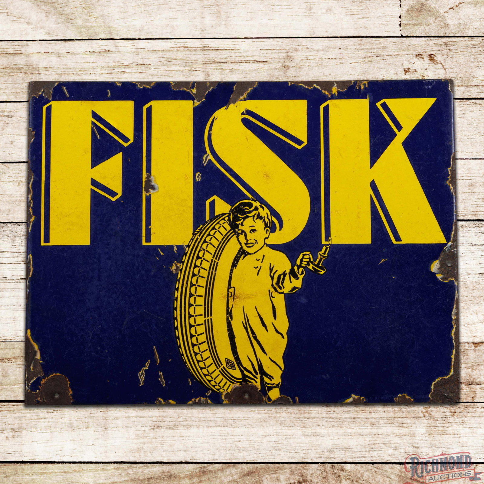 Fisk Tires Double Sided Porcelain Flange Sign w/ Fisk Boy & Tire (1 of 4)