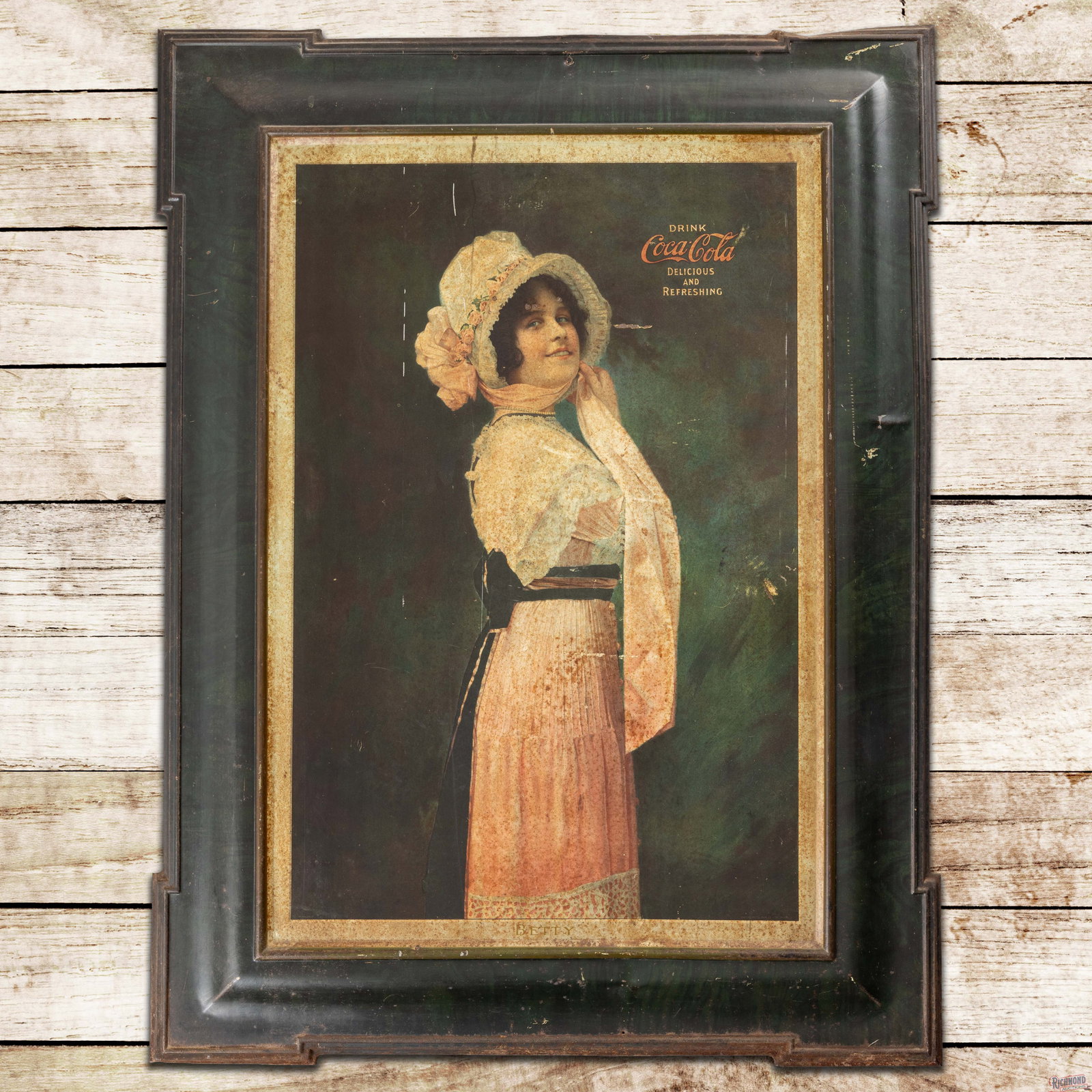 1914 Drink Coca Cola "Betty" 41" Die Cut Single Sided Tin Sign: SST (single sided tin) die cut self-framed sign has good color and moderate shine. The field exhibits general wear with oxidation, fine scratches, four tiny dings with paint chips above Betty's eyes a
