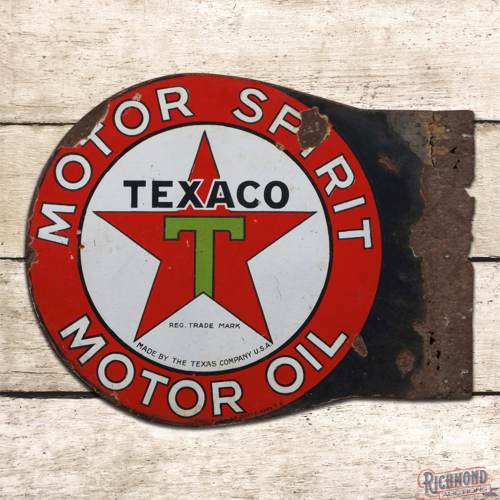 Early Texaco Motor Spirit Motor Oil Double Sided Porcelain Flange Sign "Black T" (1 of 3)