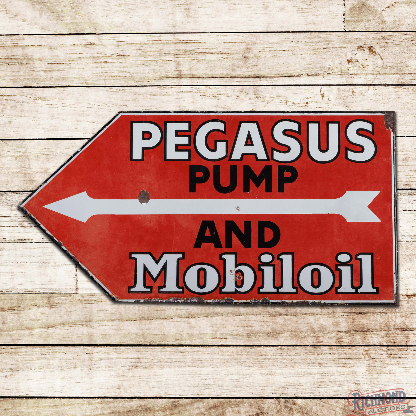 Pegasus Pump and Mobiloil Double Sided Porcelain Flange Sign w/ Arrow: DSP (double sided porcelain) die cut flange has good color and gloss. The display has cloudiness to the red porcelain enamel with fine scratches, a small bruise, and flakes in the first "I" of Mobiloi