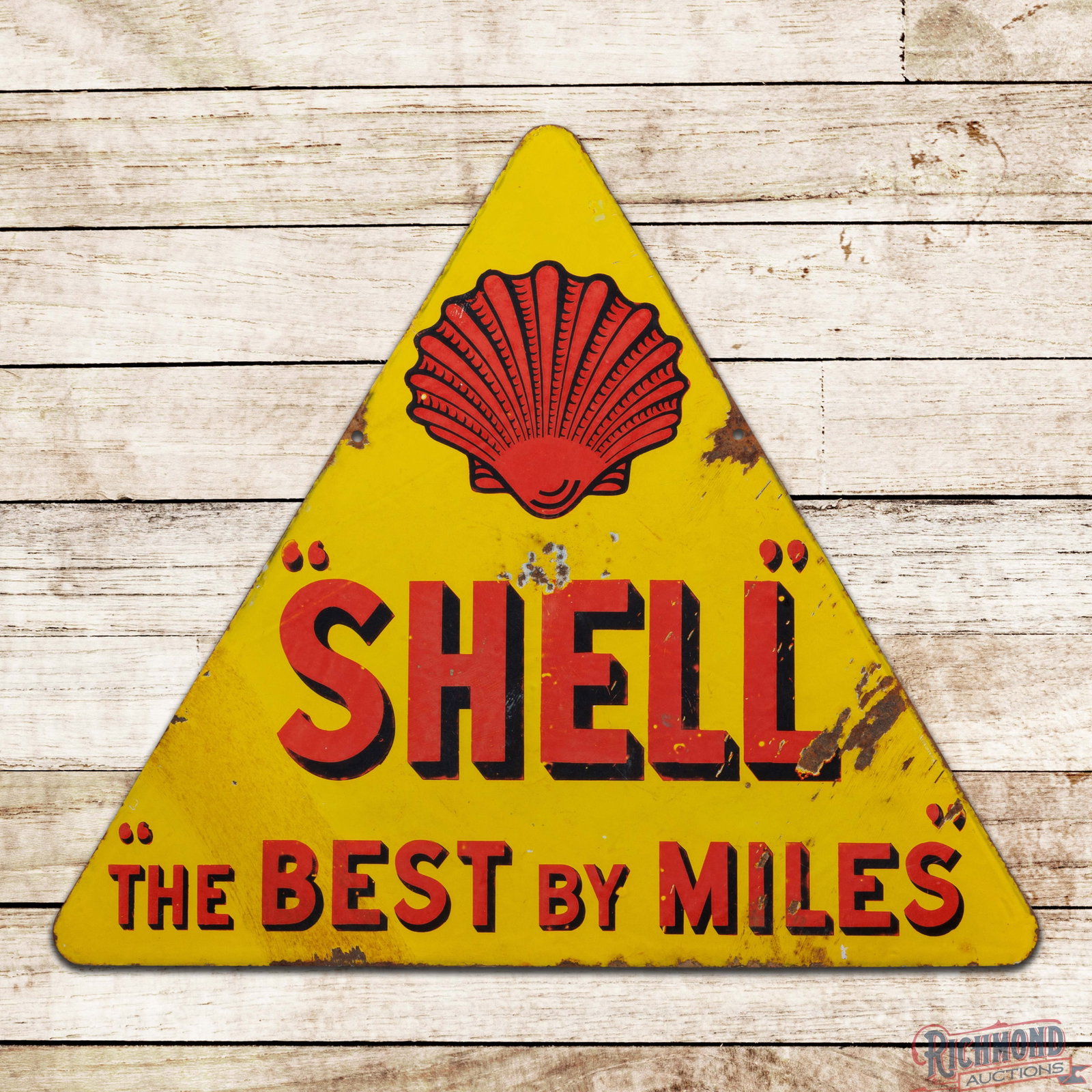 Shell Motor Oil "The Best By Miles' Double Sided Porcelain Pyramid Sign w/ Early Logo: DSP (double sided porcelain) sign has good color and moderate gloss. The display has cloudiness with tiny chips in the fields and heavy crazing in the lower outer fields. The perimeter has chips with 