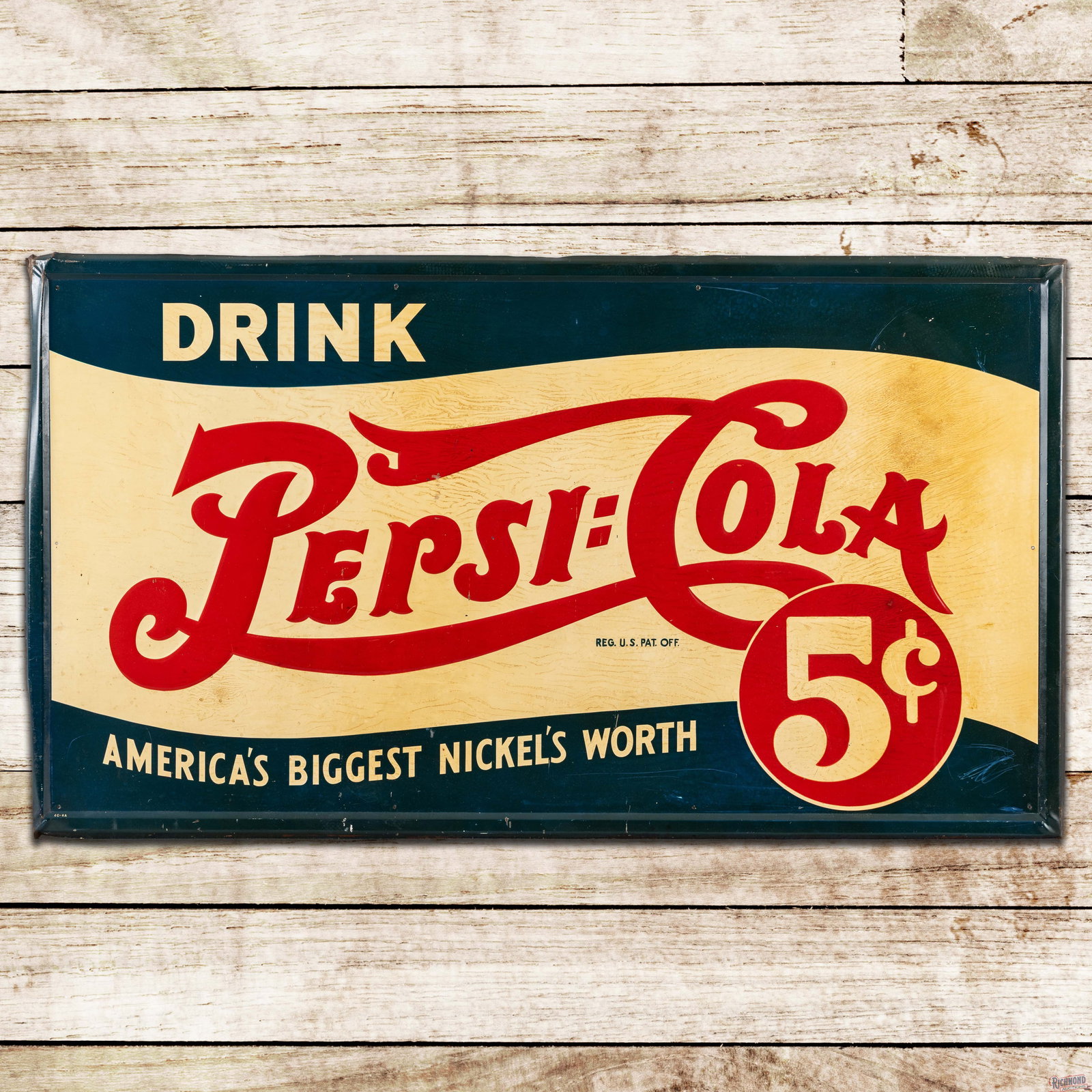 Drink Pepsi Cola 5 Cents "America's Biggest Nickel's Worth" Emb. Single Sided Tin Sign "Double Dot" (1 of 3)