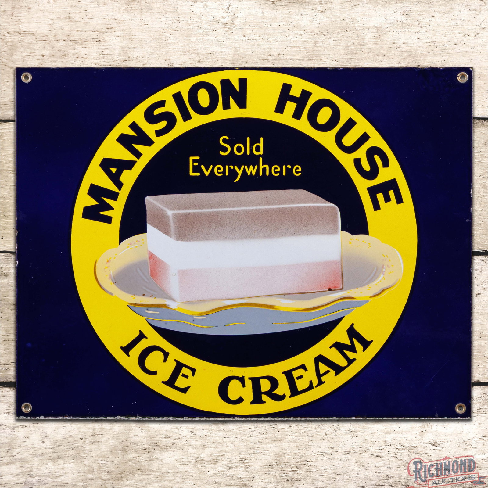 Mansion House Ice Cream "Sold Everywhere" 18" Single Sided Porcelain Sign: SSP (single sided porcelain) sign has excellent color and gloss. The display features a colorful platter with ice cream image. The display is clean with minor surface imperfections. The perimeter has 