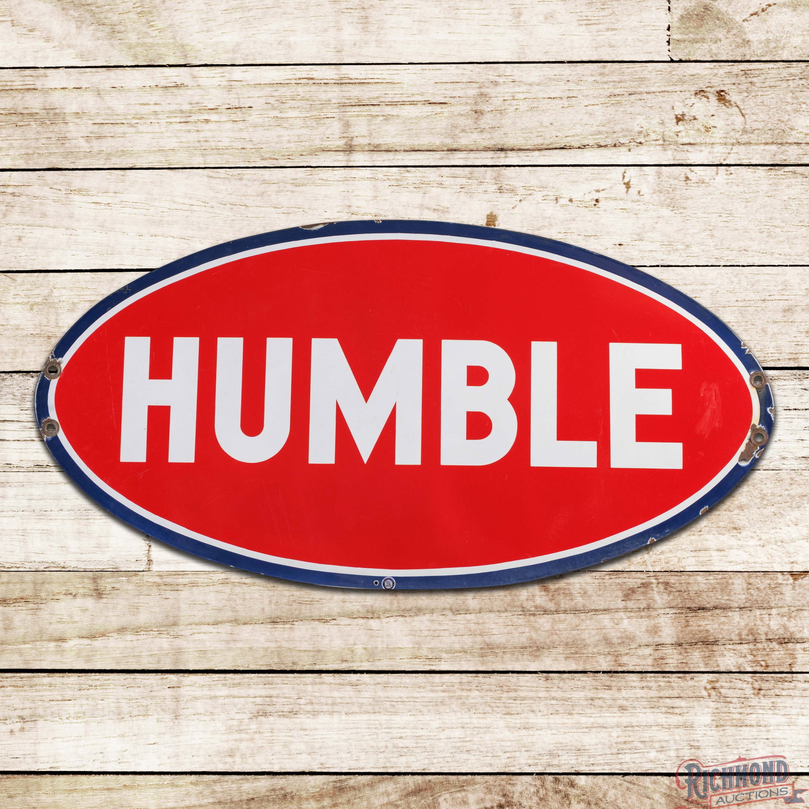 Humble Oils 52" Single Sided Porcelain Logo Sign: SSP (single sided porcelain) sign has excellent color and gloss. The field is very clean overall with light surface wear. The perimeter has chips at the mounting holes and edges with a tiny added moun