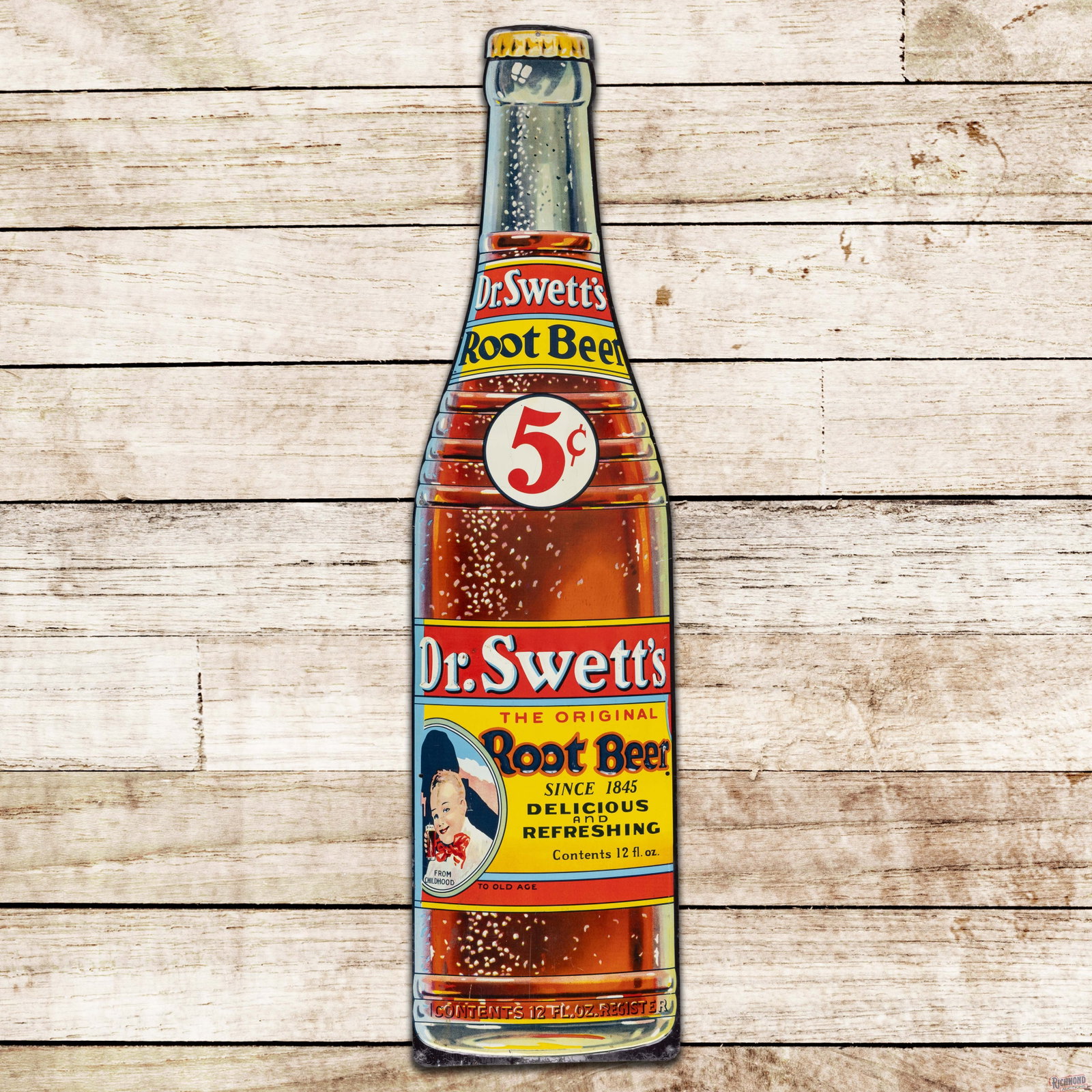 Dr. Swett's Root Beer 5 Cents 30" Emb. Single Sided Tin Bottle Sign: SST (single sided tin) embossed bottle sign has excellent color and shine. The field has light wear with faint paper marks, fine scratches and a few small paint chips. The perimeter has small scuffs w