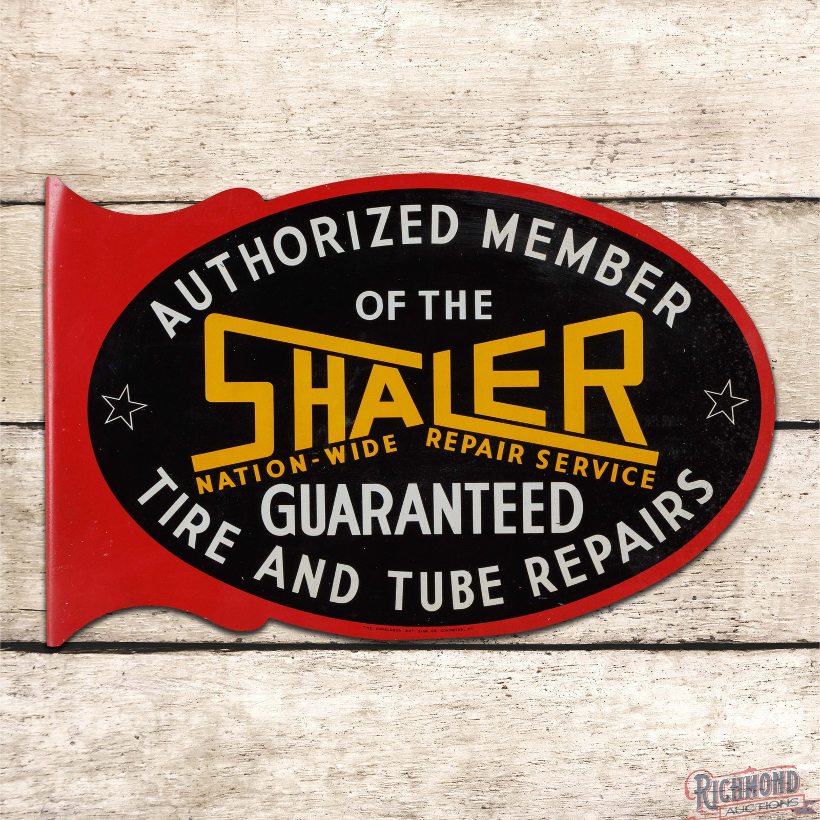 Shaler Tire & Tube Repairs Double Sided Tin Flange Sign: DST (double sided tin) flange has very good color and shine. The field is very clean overall with minor imperfections, a faint bend in the left field and factory blemishes in the right field. The peri