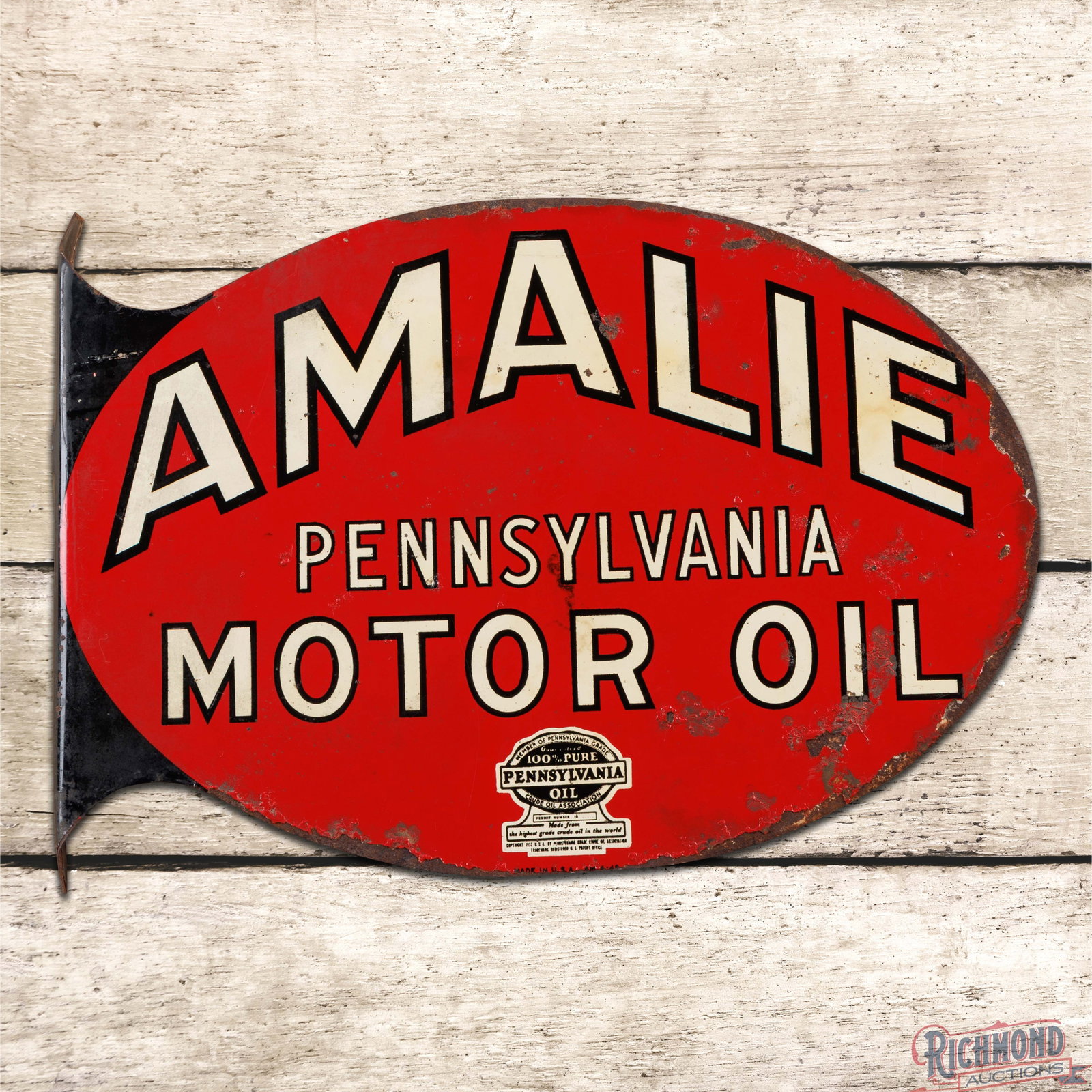 1948 Amalie Pennsylvania Motor Oil Double Sided Tin Flange Sign w/ Oil Assoc. Logo: DST (double sided tin) flange has excellent color and shine. The display has light wear in the fields with areas of oxidation and paint loss along the perimeter. The reverse has additional oxidation a