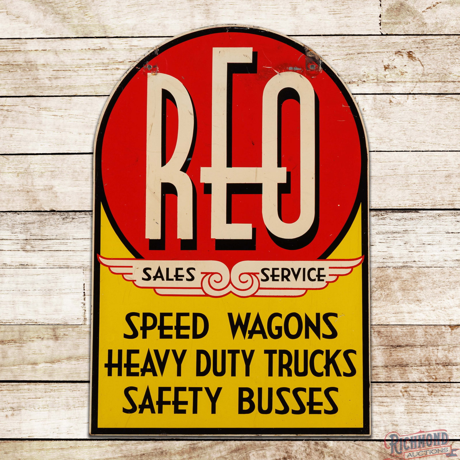 REO Sales Service Speed Wagons Heavy Duty Trucks Safety Busses 30" Double Sided Tin Tombstone Sign: DST (double sided tin) tombstone sign has very good color and shine. Side #1 has light wear with fine scratches and small paint chips in the fields. The upper edge of the "REO" letters has areas of bl