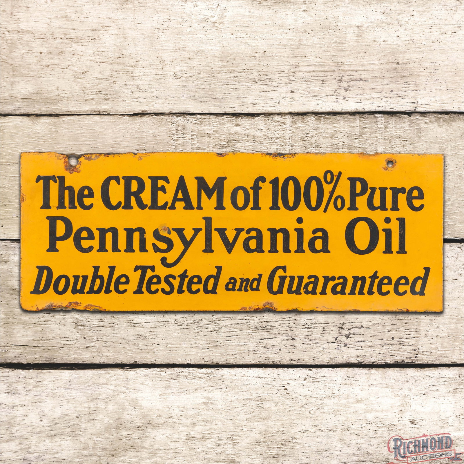 Oilzum The Cream of 100% Pure Pennsylvania Motor Oil Double Sided Porcelain Sign: DSP (double sided porcelain) sign has good color. The display has low gloss with light wear in the fields. The perimeter has chips with edge wear, discoloration and metal loss at the upper right hand 