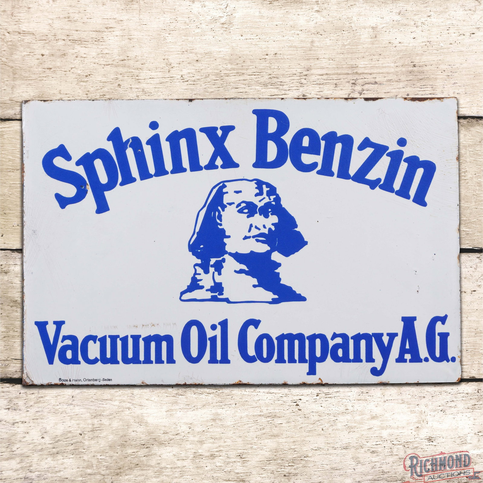 Rare Sphinx Benzin Vacuum Oil Company A.G. Double Sided Porcelain Flange Sign w/ Logo: DSP (double sided porcelain) flange has excellent color and gloss. Side# 1 has light wear in the fields with areas of crazing in the right and outer fields. The perimeter has chips along the outer edg