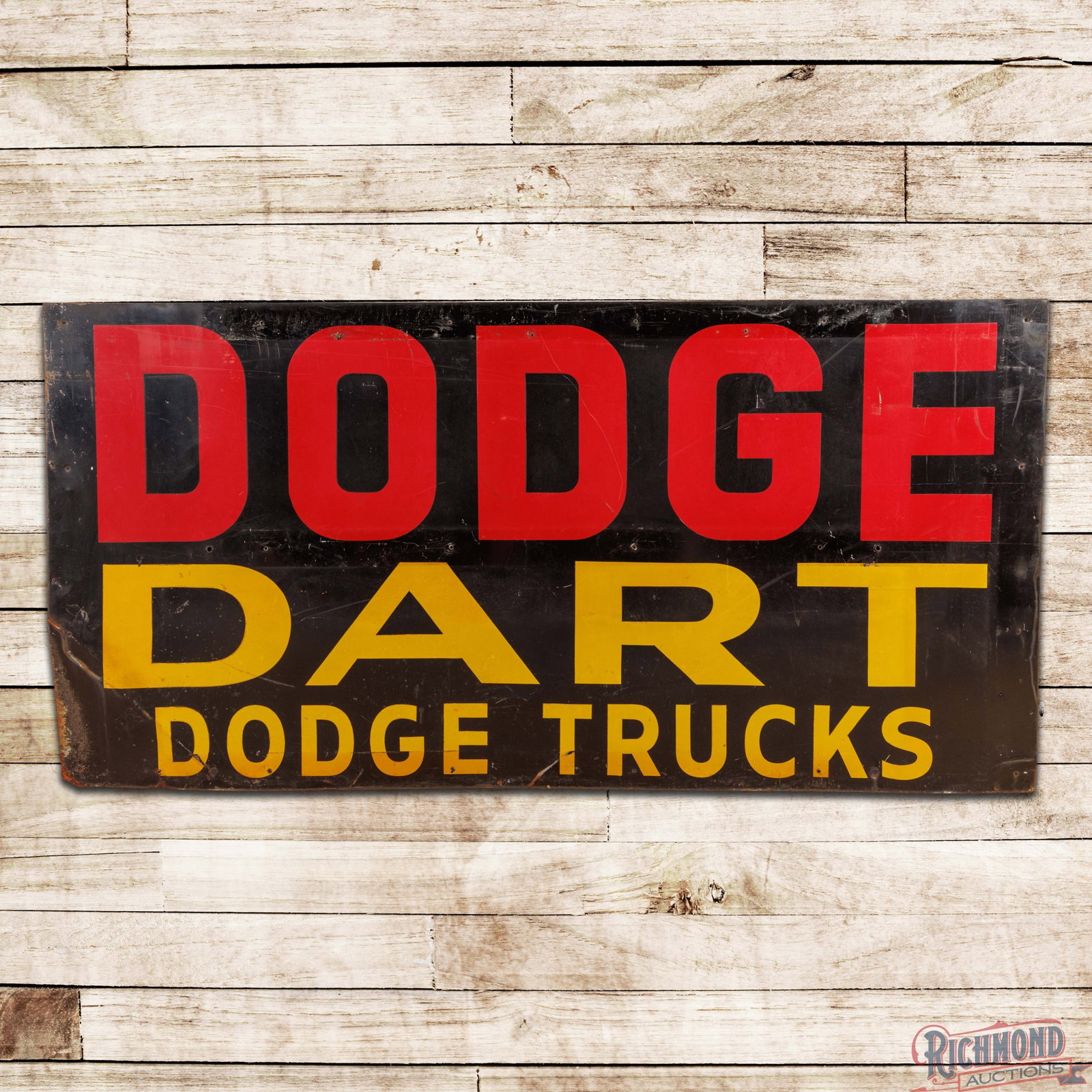 Dodge Dart Dodge Trucks 8' Reflective Single Sided Tin Dealership Sign: SST (single sided tin) sign with reflective lettering has good color and shine. The field exhibits general wear with non-factory holes and fine scratches. The perimeter has similar wear with a bend on