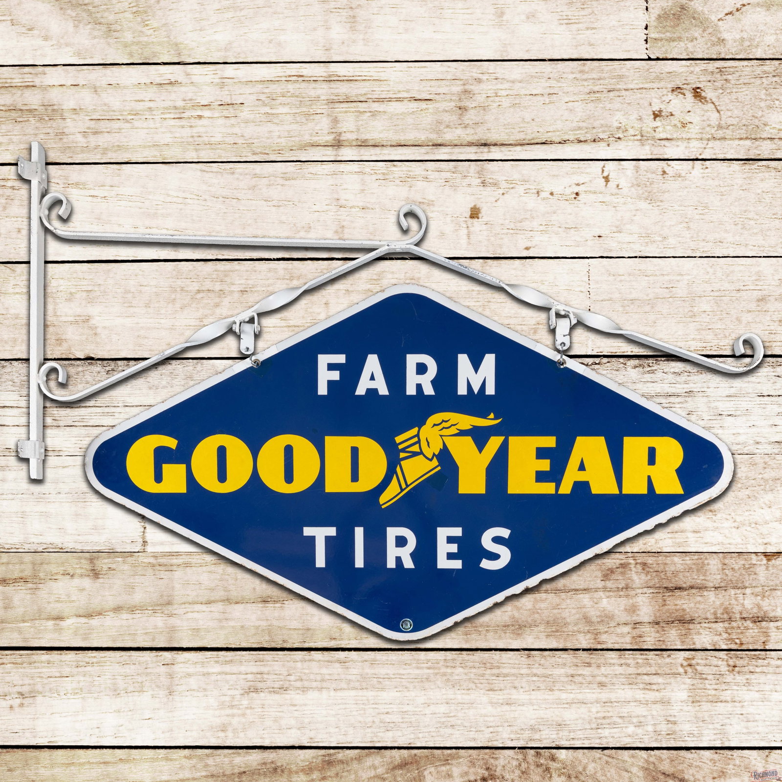 Goodyear Farm Tires 48" Double Sided Porcelain Sign w/ Original Bracket: DSP (double sided porcelain) sign has very good color and gloss. Side #1 has color-matched chips in the field with additional areas at the upper mounting holes. The reverse has additional surface wear