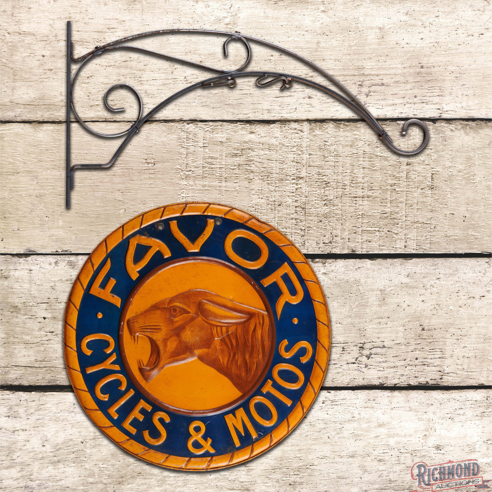 Favor Cycles & Motos 19" Emb. Double Sided Tin Sign w/ Bracket (1 of 3)