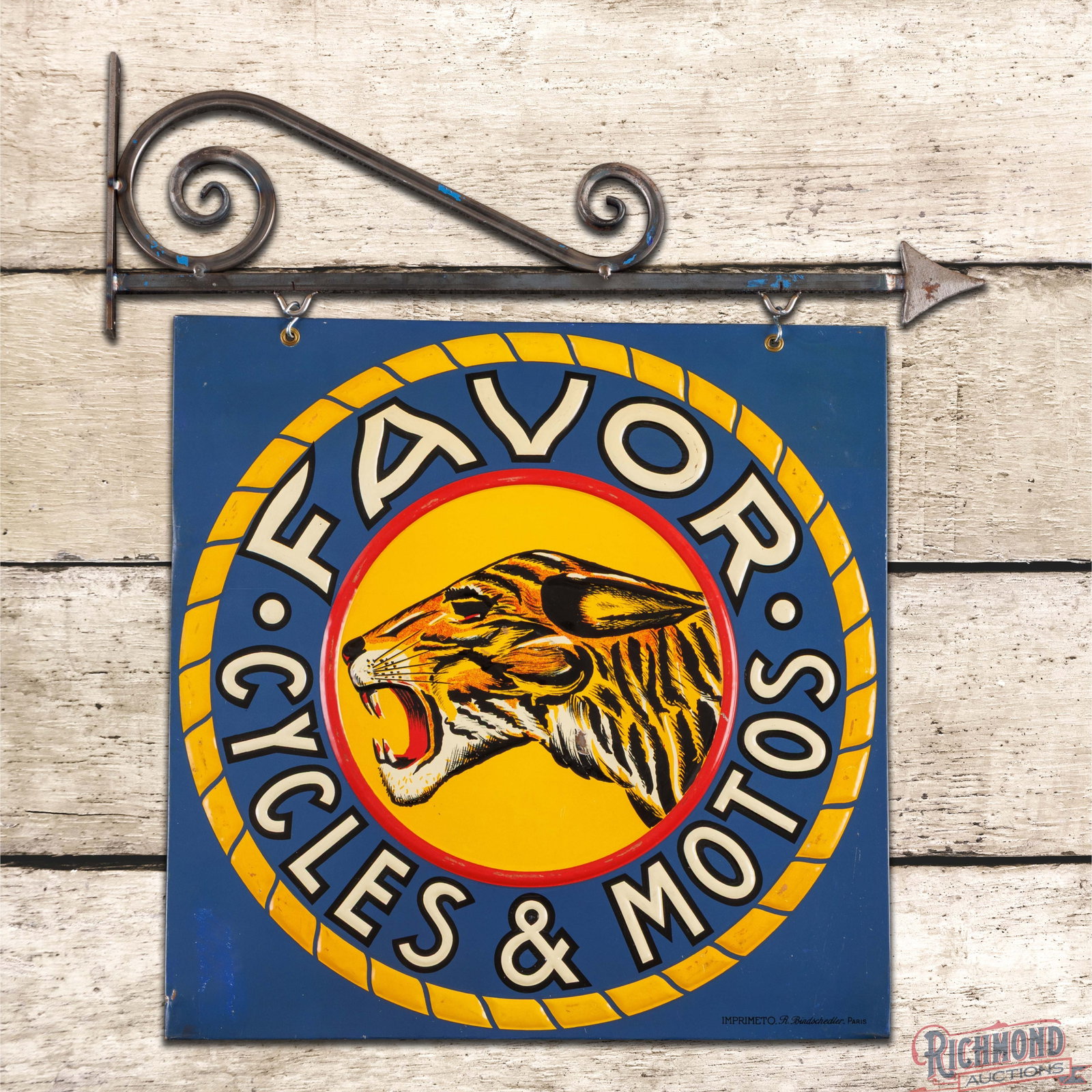 Favor Cycles & Motos 19.5" Emb. Double Sided Tin Sign w/ Bracket (1 of 3)