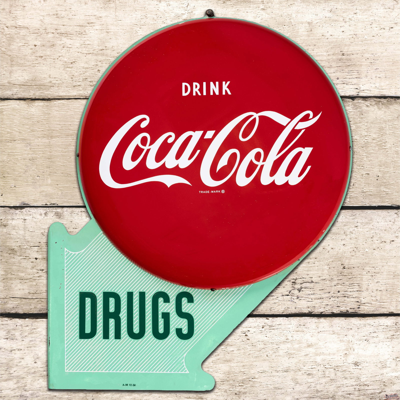 1950 Drink Coca Cola "Drugs" Double Sided Tin Flange Sign w/ Buttons: DST (double sided tin) multi-piece Coke flange sign with 16" buttons has excellent color and shine. Side #1 has a clean button with minor surface imperfections that is marked A-M 2-51. The Drugs flang