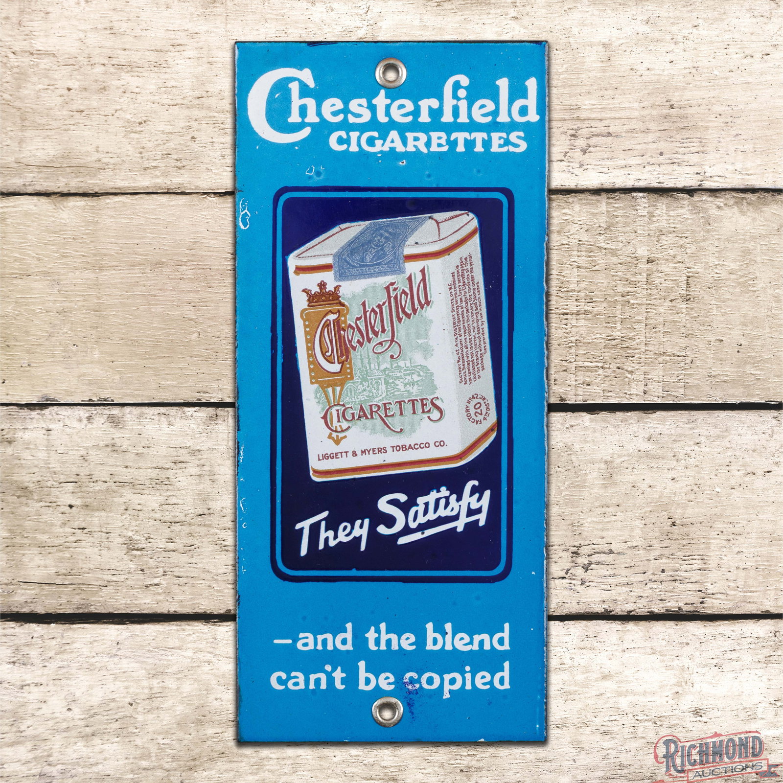 Chesterfield Cigarettes "They Satisfy" Single Sided Porcelain Door Push Sign w/ Pack (1 of 3)
