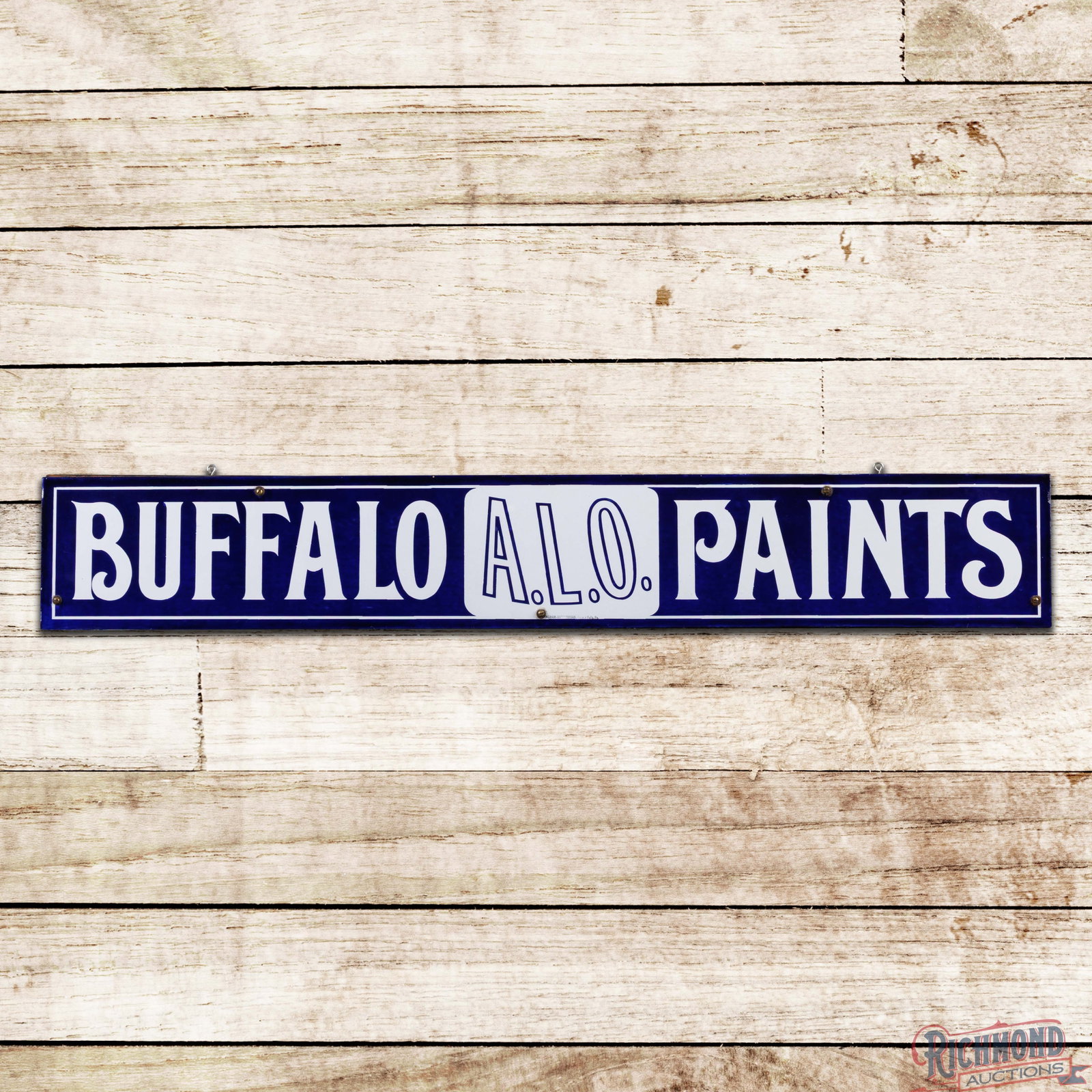 Buffalo A.L.O. Paints 4' Single Sided Porcelain Sign: SSP (single sided porcelain) sign has day one color and gloss. The field and perimeter are both extremely clean with minor surface imperfections. The original wooden support on the reverse is in excel