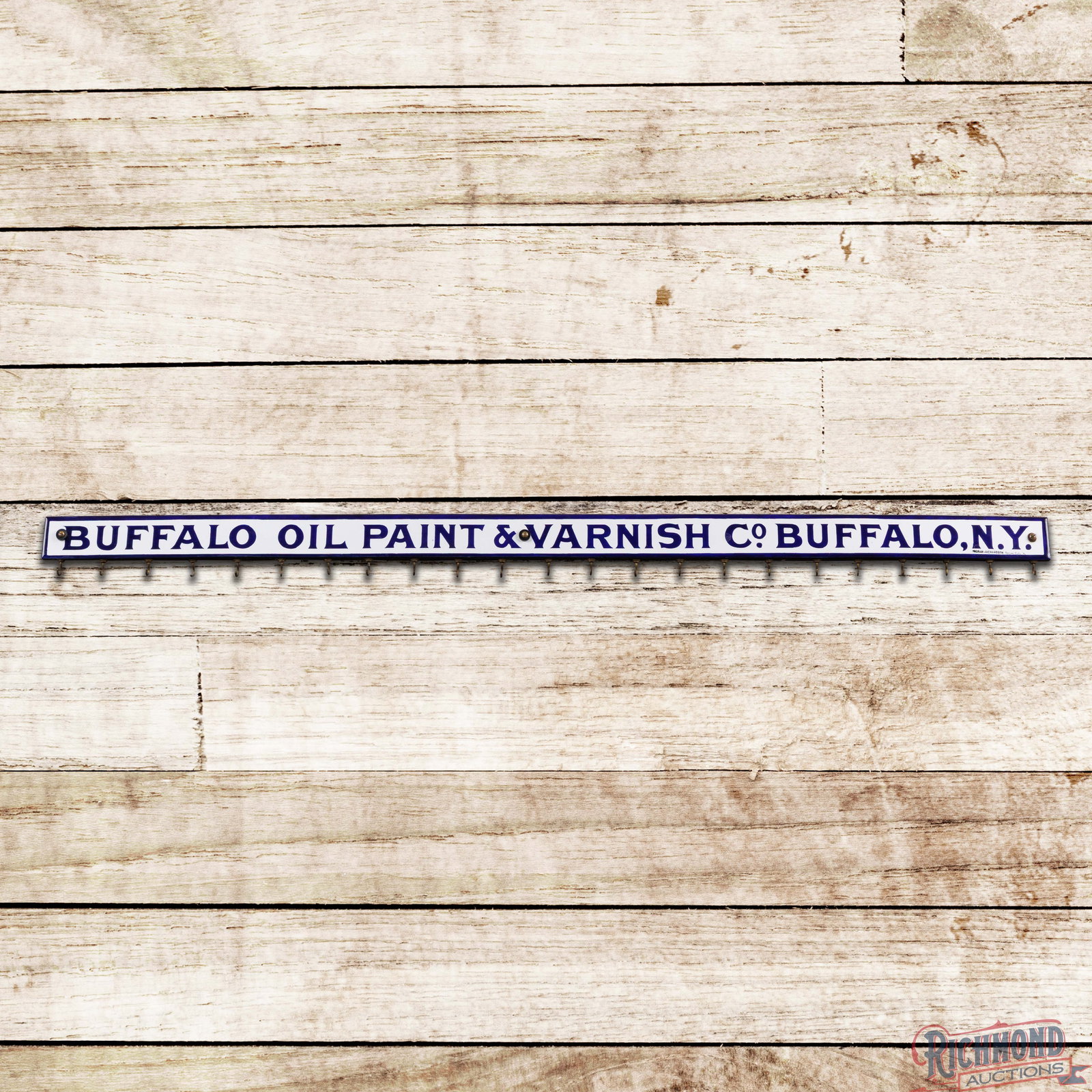 Buffalo Oil Paint & Varnish Co. N.Y. Single Sided Porcelain Brush Display Sign w/ Hooks: SSP (single sided porcelain) sign has excellent color and gloss. The field and perimeter are exceptionally clean, showing only minor surface imperfections. The original wooden reverse has small hooks 