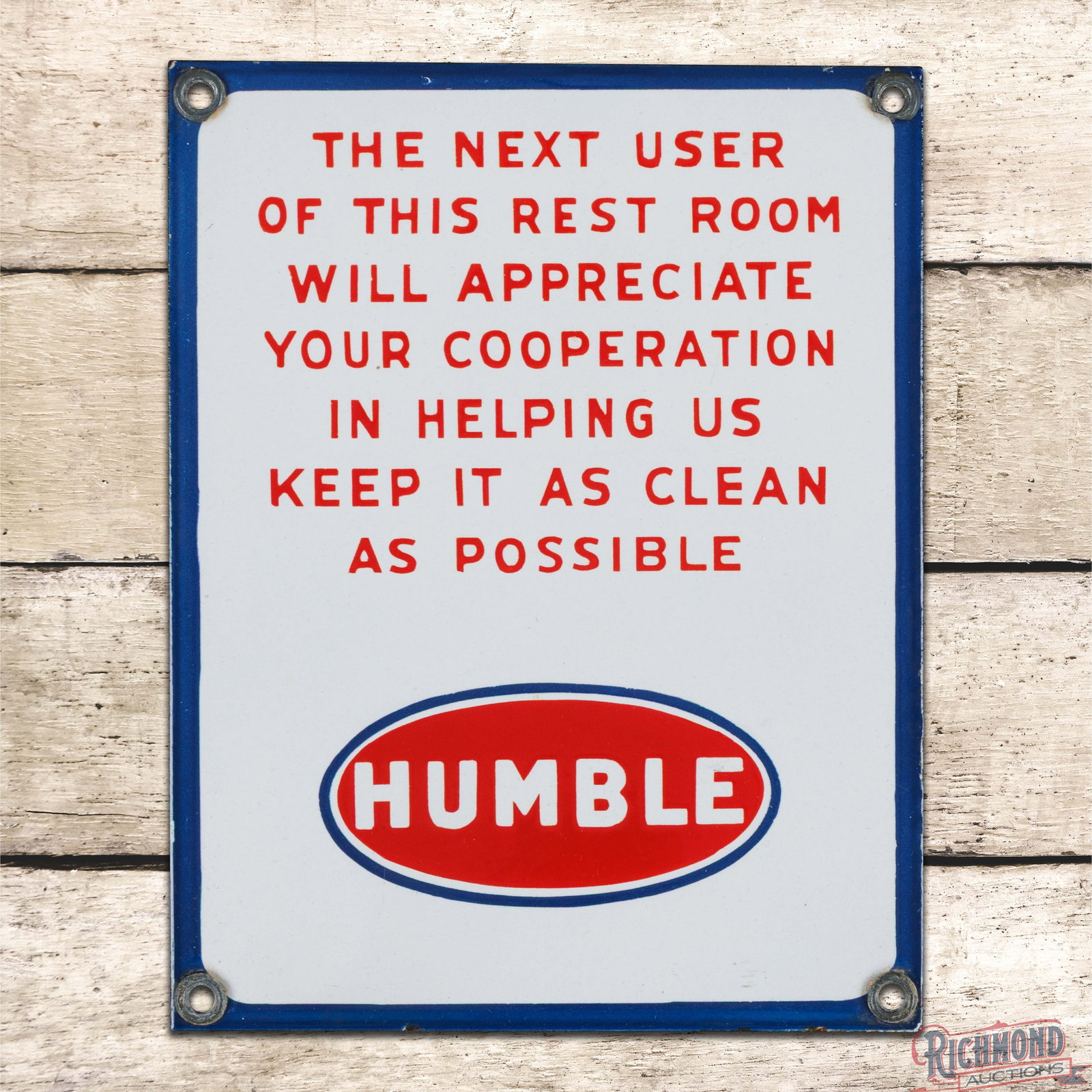 Humble Service Station Rest Room Single Sided Porcelain Sign w/ Shaded Logo (1 of 3)