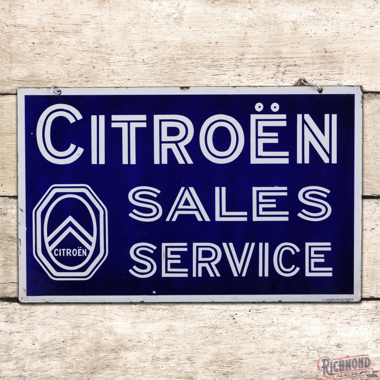 Citroen Sales and Service 24" Double Sided Porcelain Sign w/ Logo: DSP (double sided porcelain) sign has excellent color and gloss. The display field is clean, showing light surface wear and a small bruise in the "C" in the upper left outer field. The perimeter has l