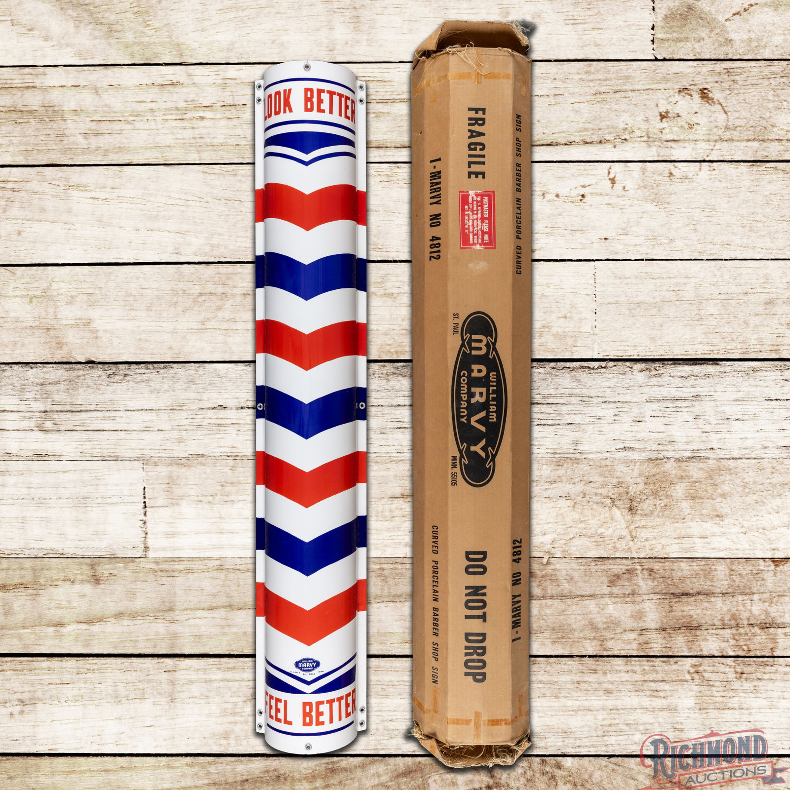 NOS William Marvy Co. Look Better Feel Better Curved 48" Porcelain Barber Shop Sign w/ Box (1 of 5)
