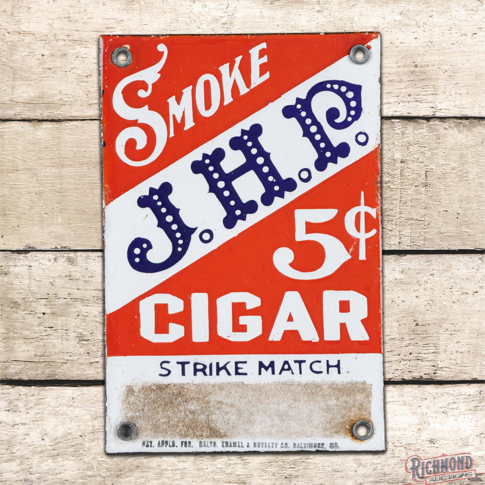 Smoke J.H.P. 5 Cent Cigar Match Strike Single Sided Porcelain Door Push Plate Sign (1 of 3)