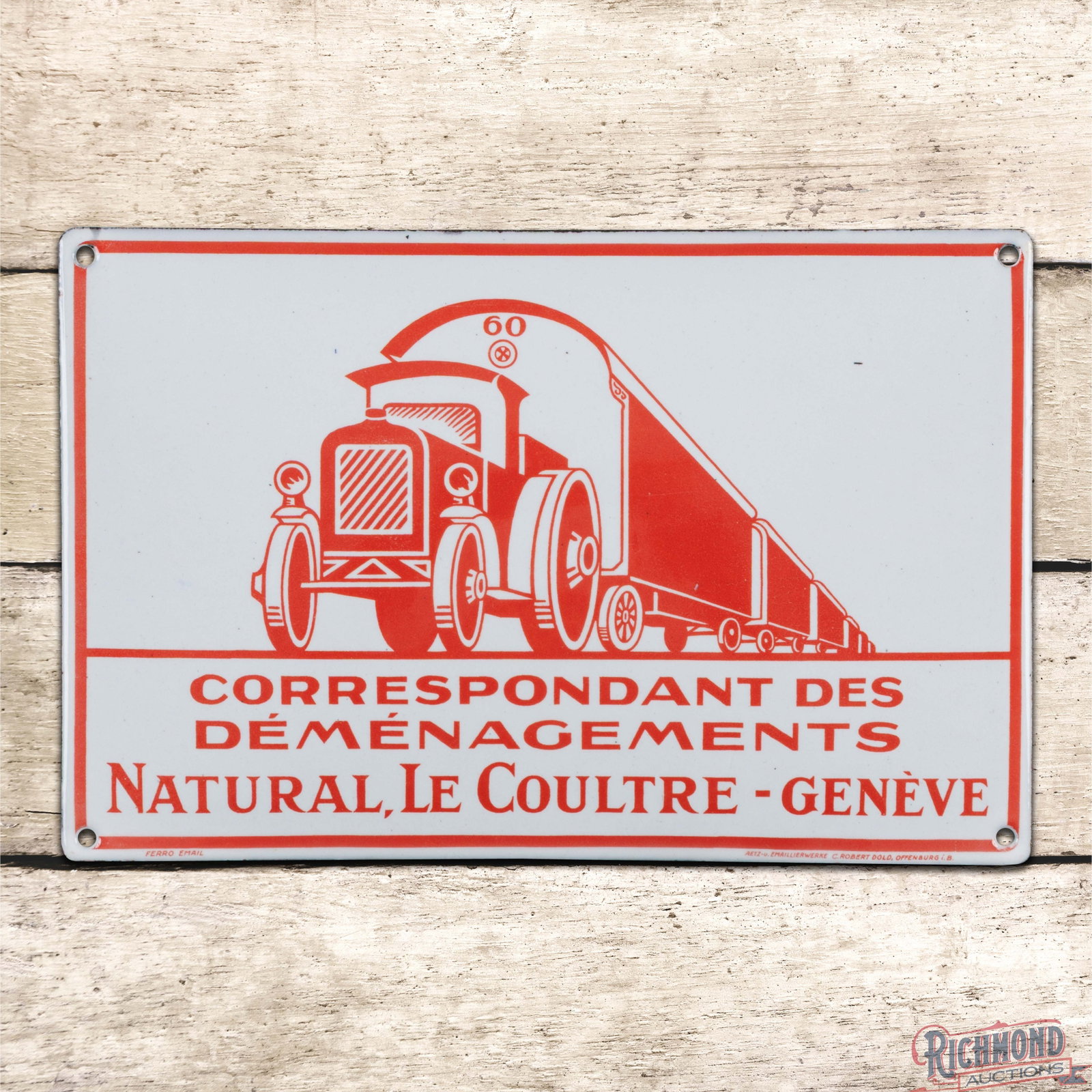 Natural Le Coultre Swiss Transportation Convex Single Sided Porcelain Sign w/ Truck & Trailers (1 of 3)