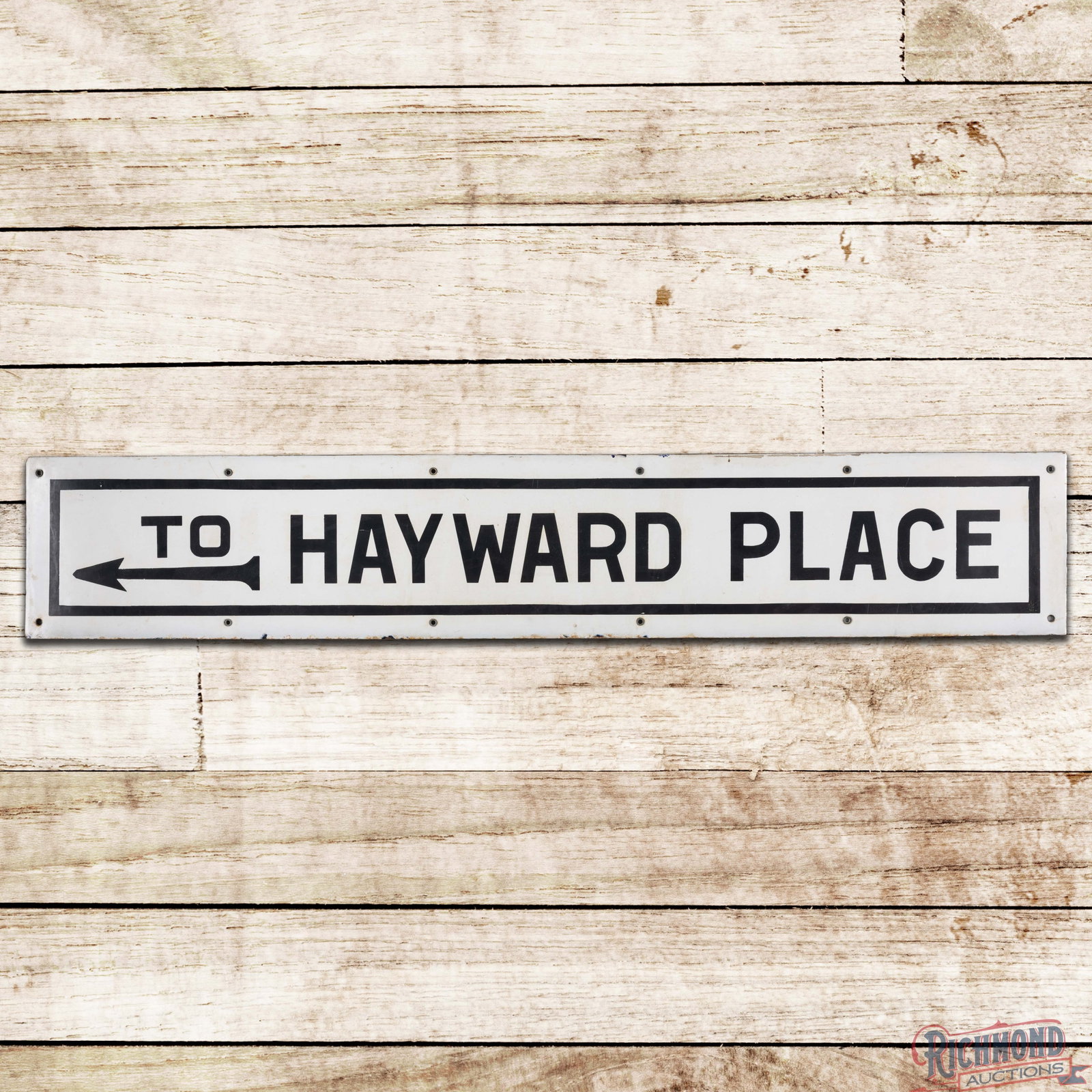 To Hayward Place 45" Single Sided Porcelain Subway Train Sign Boston Massachusetts w/ Arrow: SSP (single sided porcelain) sign has good color and gloss. The field exhibits light wear with lower gloss to the white porcelain enamel. The perimeter has small edge chips with crazing and minor disc