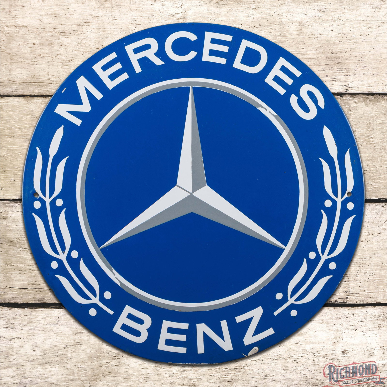 Mercedes Benz Automobiles Convex 16" Single Sided Porcelain Logo Sign: SSP (single sided porcelain) convex sign has excellent color and gloss. The field is clean with minor surface imperfections. The outer fields and perimeter have areas of errant paint drips with a smal